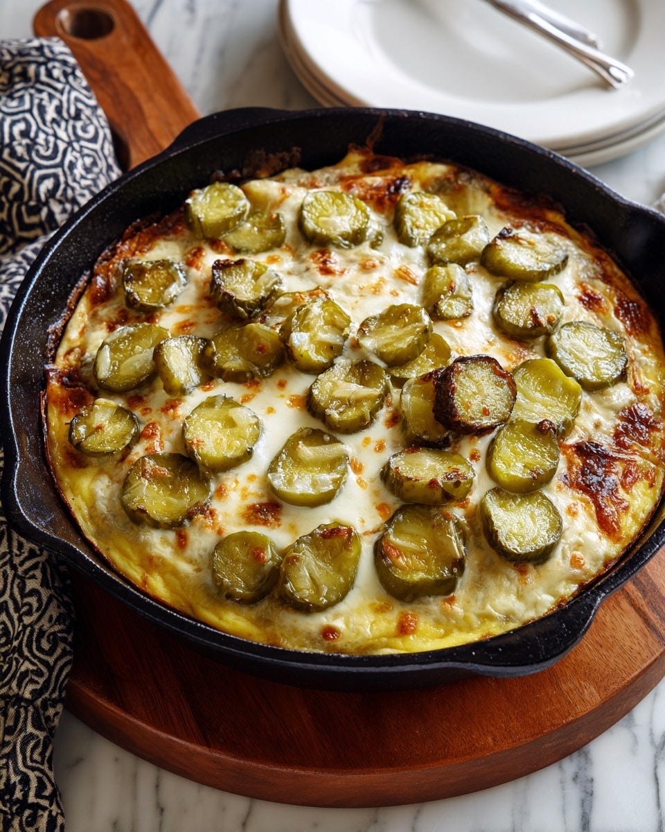 This image shows a skillet dish that has three main visible layers. The bottom layer looks like a cooked yellow egg base, thick and solid, filling the skillet. On top of that is a thick white cheese layer, melted evenly with small brown spots from baking. The top layer consists of many slices of green pickles spread out over the cheese, adding color contrast and texture. The skillet is black cast iron, sitting on a wooden board, with a white marbled surface underneath. Near the skillet, part of a white plate and a black and white patterned cloth are visible. Photo taken with an iphone --ar 4:5 --v 7
