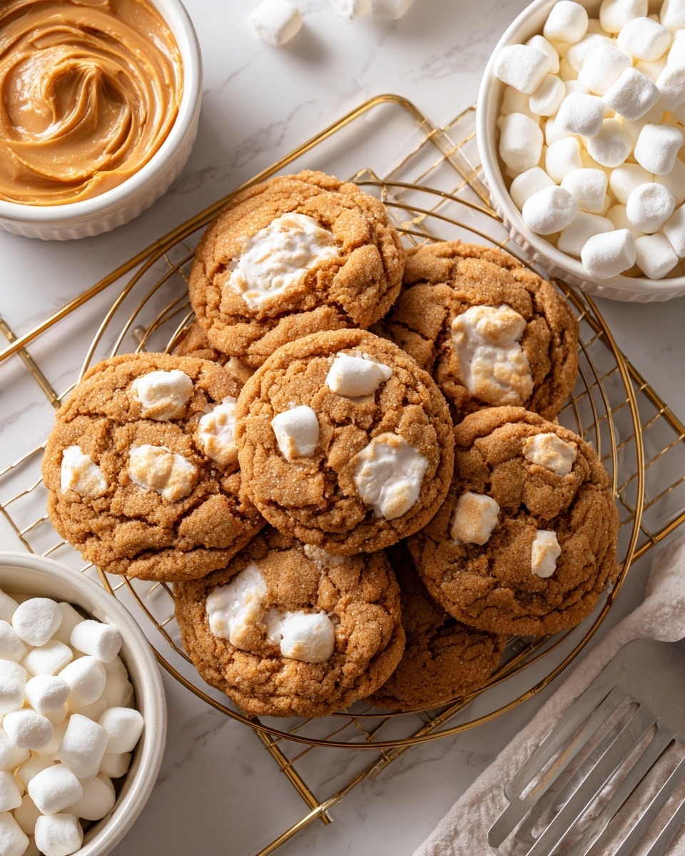 A group of round, soft-looking tan-brown cookies with white melted marshmallows visibly melted into the top and edges, arranged in a loose pile on a gold cooling rack. The cookies have a slightly cracked texture on top with pockets of gooey white marshmallow peeking through. To the left is a bowl of creamy peanut butter and at the bottom right a white bowl filled with small, white marshmallows. A metal spatula is resting on the cooling rack near the bowl. The background is a white marbled texture. Photo taken with an iphone --ar 4:5 --v 7