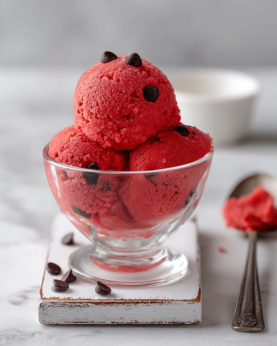 The image shows a clear glass cup filled with two scoops of bright red sorbet, each scoop textured and slightly rough, with small dark brown chocolate chips scattered evenly on top and around the sides. The glass sits on a white square wooden board with worn edges, placed on a white marbled textured surface. In the background, a blurred white bowl and a silver spoon with a bit of red sorbet on it are visible, adding depth to the composition. Photo taken with an iphone --ar 4:5 --v 7