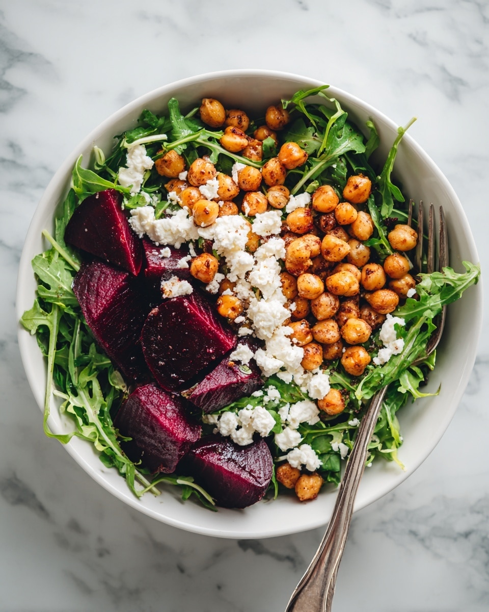 The image shows a white bowl filled with a colorful salad. The base layer is fresh green arugula leaves, bright and leafy. On top of that are round, golden chickpeas scattered evenly across the bowl. Thick, deep purple beet slices are mixed in, adding a rich color contrast. White, crumbly cheese is sprinkled over the salad in small chunks. The bowl is set on a white marbled surface, and a fork rests beside the bowl. Photo taken with an iphone --ar 4:5 --v 7