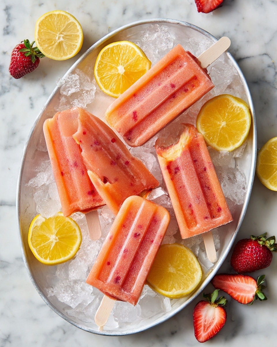 Five strawberry lemonade popsicles with visible small bits of red strawberries inside are arranged on a white oval metal tray filled with ice cubes and bright yellow lemon slices. One popsicle at the center has a bite taken out of the top left side, showing its icy texture. The popsicles have a soft pink to orange gradient color. Around the tray on a white marbled surface are whole and halved strawberries and lemon slices, adding fresh color to the scene. photo taken with an iphone --ar 4:5 --v 7