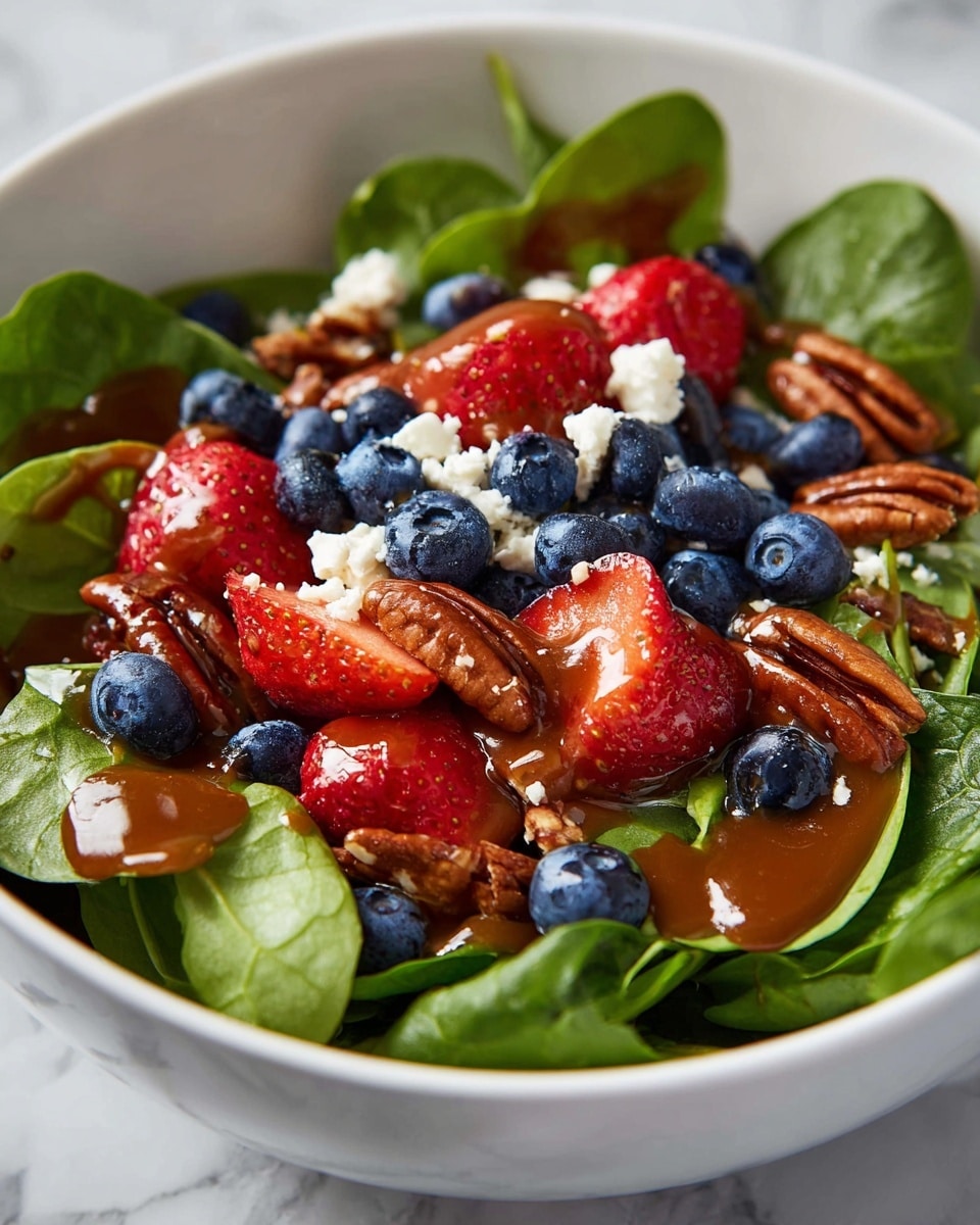 A fresh salad in a white bowl placed on a white marbled surface, showing a mix of three main layers: the bottom layer of bright green spinach leaves with their smooth, slightly glossy texture, a middle layer filled with bright red halved strawberries and dark blue whole blueberries, and a top layer scattered with shiny brown pecans and small white crumbles of cheese, all lightly drizzled with a glossy dark dressing that adds a slight shine to the ingredients. photo taken with an iphone --ar 4:5 --v 7