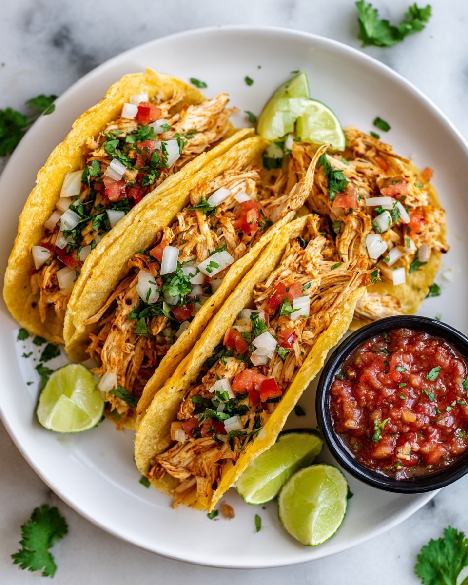 A beige plate holds four grilled chicken tacos arranged side by side, each made with a double layer of lightly toasted yellow corn tortillas. The bottom layer is shredded grilled chicken with char marks, topped with small white onion cubes and chopped green cilantro, adding texture and color contrast. One taco is visible with thin slices of radish on top. Lime wedges sit on the side near fresh green cilantro sprigs. Behind the tacos, there is a black bowl filled with chunky red salsa, garnished with chopped cilantro. The entire scene is set on a white marbled surface, creating a clean and fresh look. photo taken with an iphone --ar 4:5 --v 7