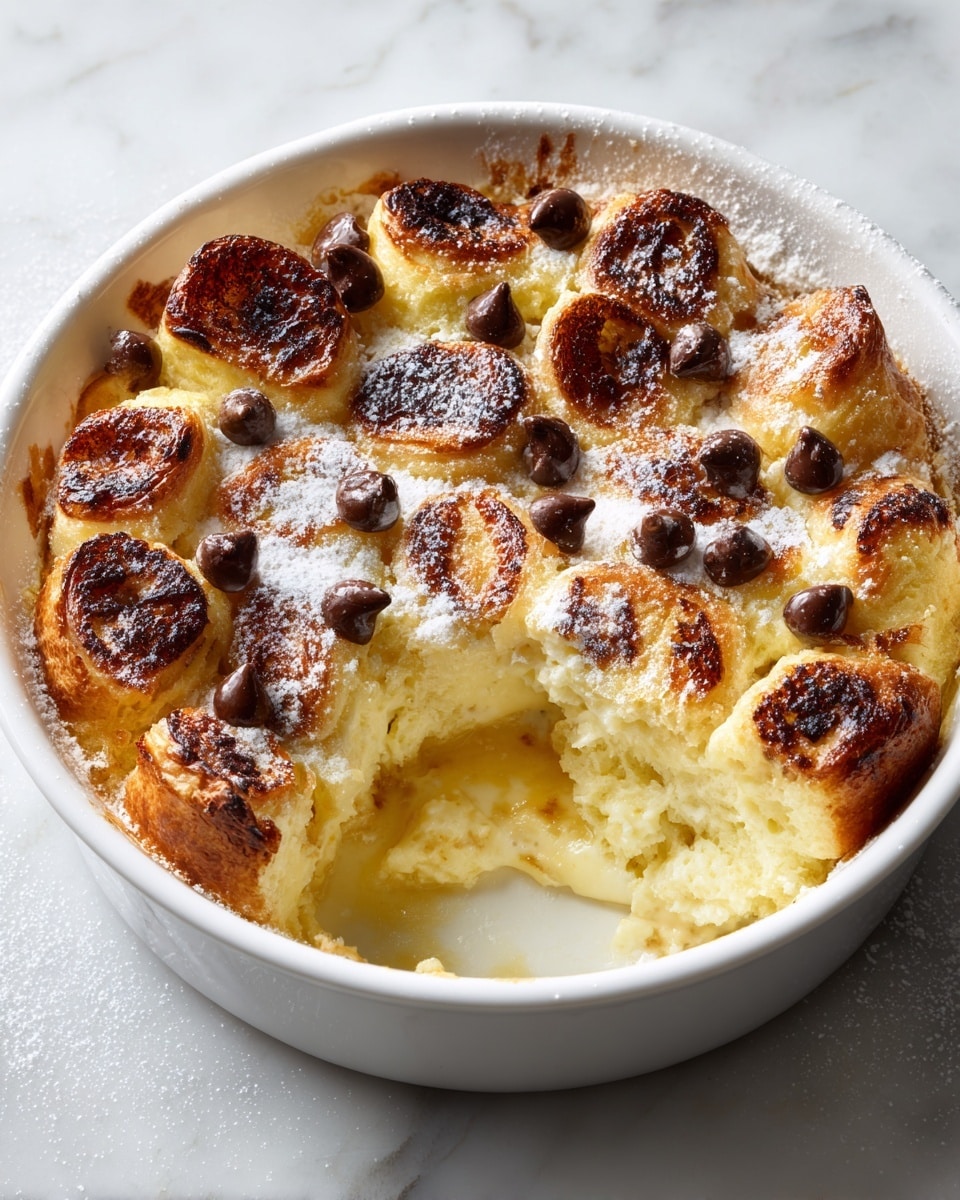 A white round ceramic dish holds a baked bread pudding with a golden-brown top layer of puff pastry pieces arranged in a circle, each piece crisp and flaky with darker toasted edges. The middle layer features a creamy, light yellow custard visible through a missing piece on one side. Scattered liberally over the top are small, shiny milk chocolate chips, and a light dusting of powdered sugar adds a fine white touch all over. The dish sits on a white marbled surface with soft natural lighting highlighting the textures and colors. Photo taken with an iphone --ar 4:5 --v 7
