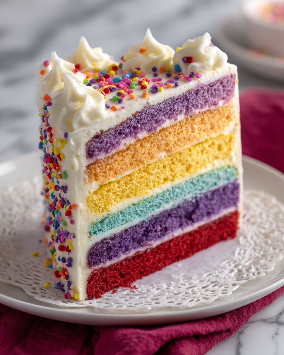 The image shows a close-up of a colorful rainbow cake slice with five visible layers. The top layer is bright red with a soft, spongy texture, followed by a yellow layer, then a greenish-blue layer, and finally a purple layer at the bottom, each fluffy and vibrant. The cake slice is topped with white icing that drips slightly down the sides and is sprinkled with small, colorful round and rod-shaped sprinkles. The cake rests on a white plate placed on a white marbled surface, with more slices of the same cake blurred in the background. photo taken with an iphone --ar 4:5 --v 7