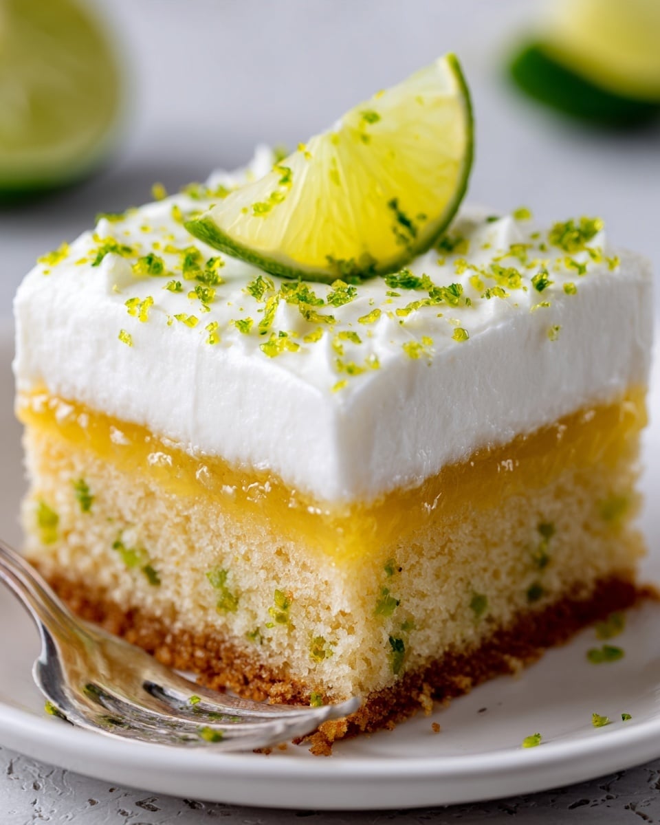 A close-up view of a square slice of layered dessert on a white plate with a white marbled textured surface. The bottom layer is a light brown cake with specks of green throughout, showing a soft and crumbly texture. The middle layer is a thick, glossy yellow filling that looks smooth and slightly translucent. The top layer is a thick, fluffy white cream that covers the whole slice evenly, topped with a small wedge of bright green lime placed at an angle. Small green lime zest bits are scattered across the white cream. Part of a fork with some cake and cream is visible on the left side of the plate. Photo taken with an iphone --ar 4:5 --v 7