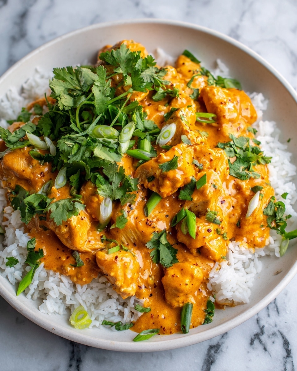 A white plate holds a dish with a base layer of fluffy white rice, topped with a creamy orange sauce mixed with pieces of cooked chicken. Fresh green onion slices and bright green cilantro leaves are scattered over the dish, adding a pop of color and freshness. The sauce appears smooth and rich, coating the chicken well. The white marbled surface underneath complements the vibrant colors of the food. photo taken with an iphone --ar 4:5 --v 7