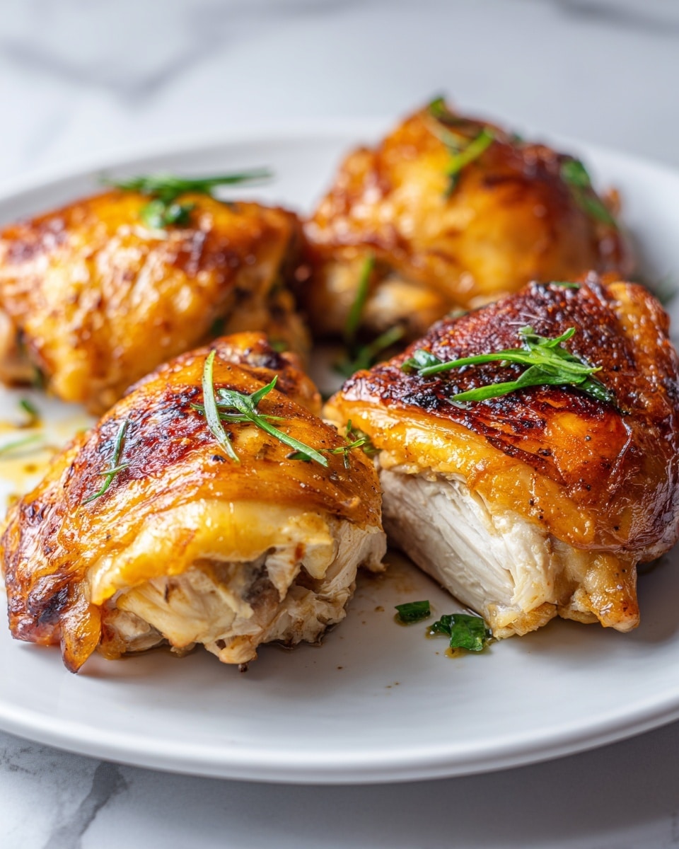 This image shows a close-up of four cooked chicken thighs with crispy golden-brown skin on a white plate. One thigh is cut open, showing juicy, white meat inside. The chicken is topped with small green herbs and slightly sprinkled spices, giving it texture and color contrast. The white plate is set on a white marbled surface, making the warm colors of the chicken stand out. photo taken with an iphone --ar 4:5 --v 7