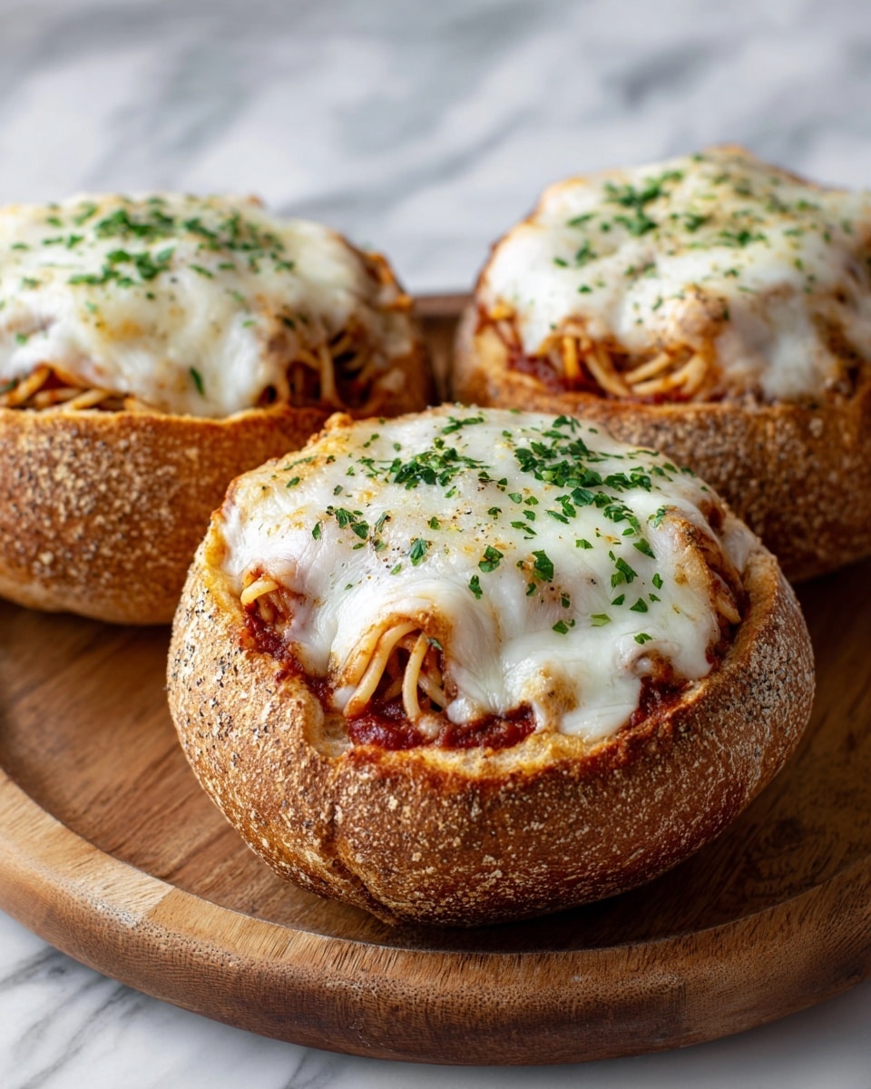 The image shows three bread bowls filled with layers of spaghetti and melted cheese on top. The bread bowls have a golden brown crust with a slightly rough texture. The bottom layer inside the bowls is spaghetti with red tomato sauce visible between the strands. On top of the spaghetti, there is a thick layer of white melted cheese that looks soft with some browned spots. The cheese is garnished with chopped green herbs scattered evenly over the top. The bowls sit on a round wooden board against a white marbled textured background. Photo taken with an iphone --ar 4:5 --v 7