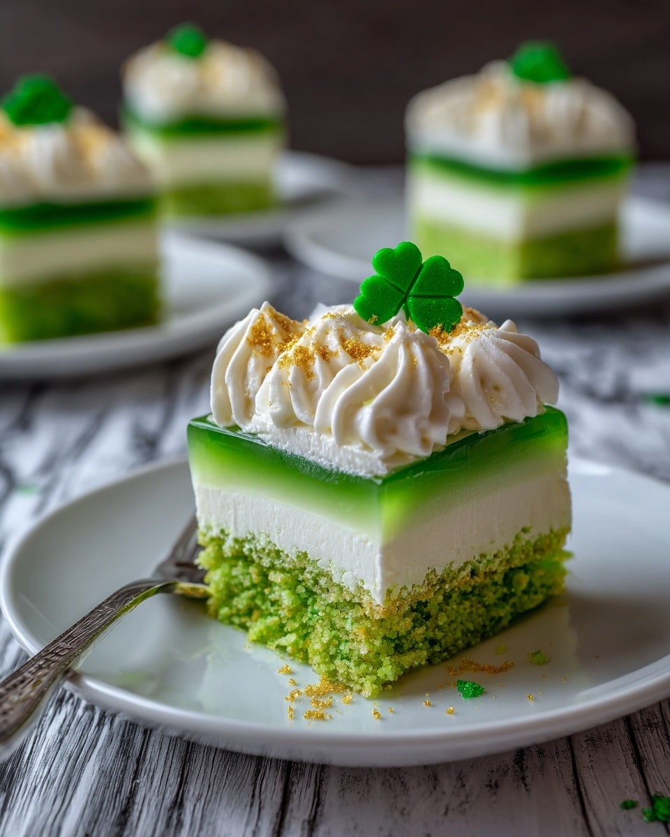 The image shows a slice of a three-layer dessert on a white plate with a silver fork beside it. The bottom layer is a moist, bright green cake with a crumbly texture. Above the cake is a thick, glossy, green gelatin layer that is smooth and shiny. On top is a thick white cream layer that looks soft and fluffy. The dessert is crowned with a big swirl of whipped cream, sprinkled lightly with gold dust. Two small green shamrock decorations are placed on top of the whipped cream. The background features a white marbled texture, enhancing the focus on the dessert. Photo taken with an iphone --ar 4:5 --v 7