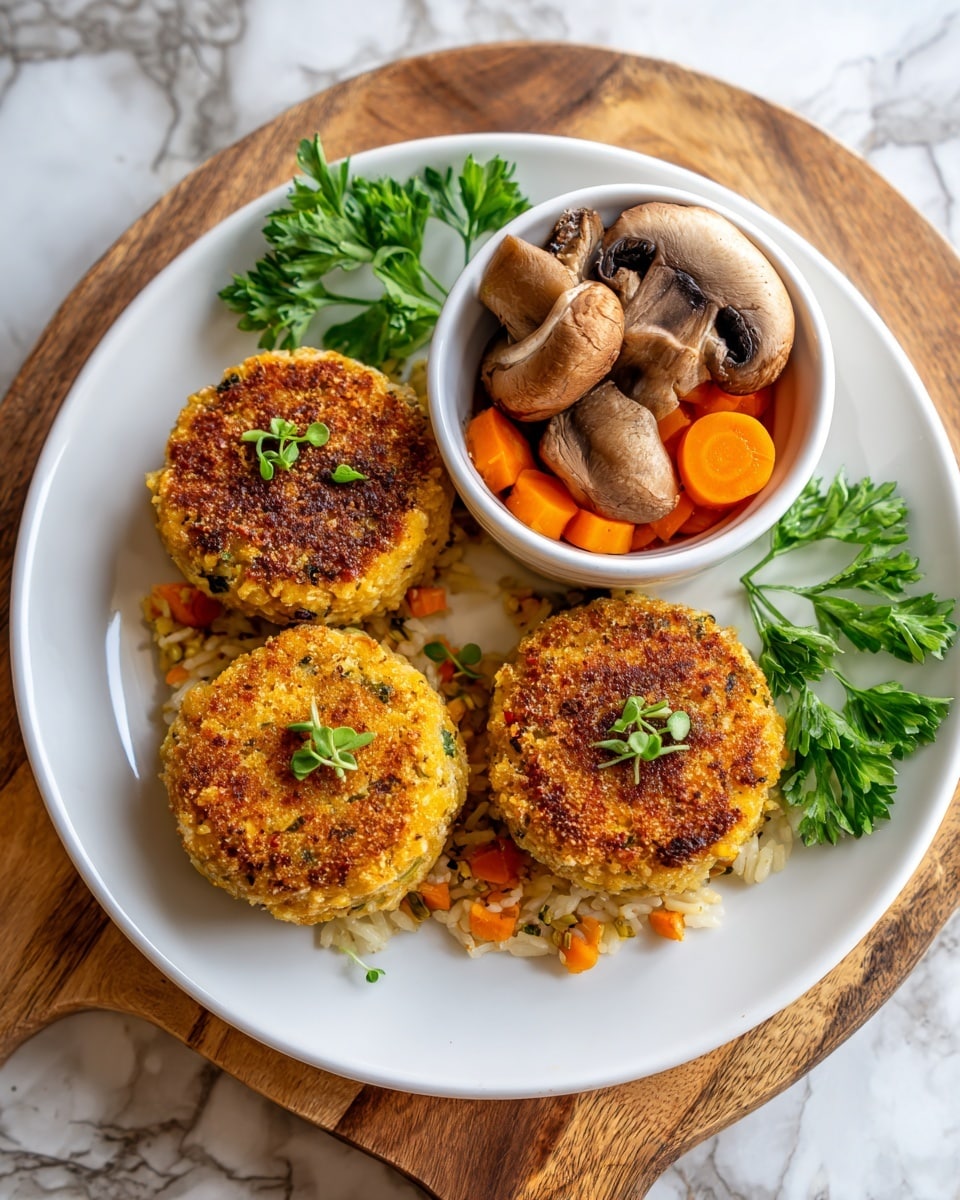 The image shows a white plate holding three round, golden-brown patties with a crispy, crumbly texture on top, each garnished with small green herb leaves. Underneath the patties, there are bits of finely chopped vegetables like orange carrot slices and creamy rice or grain. On the plate's top right corner sits a small white bowl filled with sliced brown mushrooms and carrot rounds, resting on a bed of green parsley leaves scattered around the plate edges. The plate is placed on a wooden board, and the background shows a white marbled texture. photo taken with an iphone --ar 4:5 --v 7