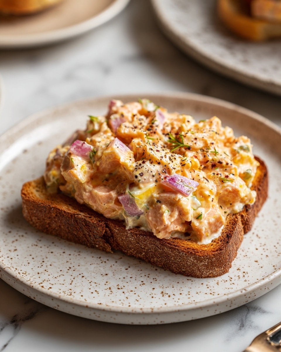 A single slice of toasted brown bread on a white speckled plate is topped with a chunky, creamy mixture. The mixture shows visible pieces of light beige tuna, small chunks of white boiled egg, and bits of red onion, all held together with a smooth, light orange dressing. The surface topping looks slightly rough with specks of black pepper sprinkled on top, creating a textured appearance. The background is a white marbled surface with hints of other plates and utensils blurred out. Photo taken with an iphone --ar 4:5 --v 7