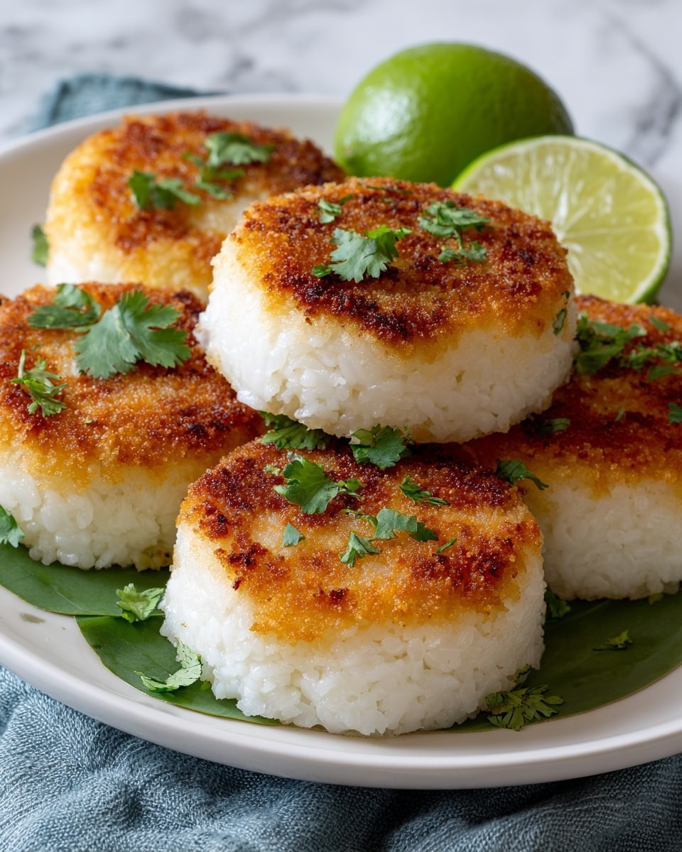 A white plate holds five round, thick rice cakes stacked and arranged closely together, each with a crispy golden-brown crust on top and white sticky rice forming the base and sides. Small green cilantro leaves are sprinkled on the browned surface of each rice cake, adding a touch of fresh color. Behind these cakes, there are two lime halves with bright green and pale yellow flesh, set on a green leaf that acts as a base for the rice cakes. The background has a white marbled texture, giving a clean and elegant look. photo taken with an iphone --ar 4:5 --v 7