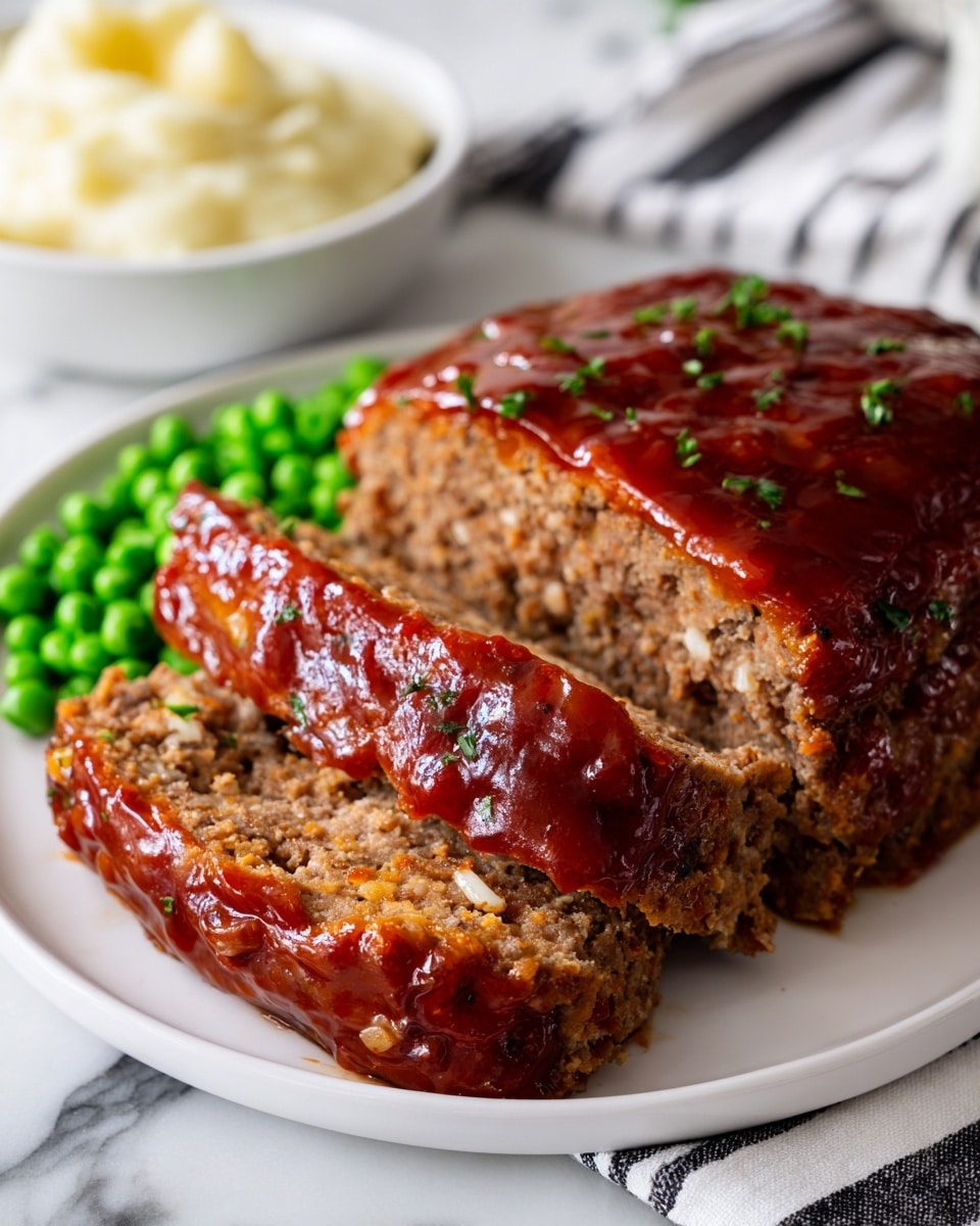 A white plate holds a thick, juicy slice of meatloaf topped with a shiny, reddish-brown glaze. The meatloaf has a rough, crumbly texture with small bits of onion visible inside. Behind the sliced piece is a larger, uncut portion of meatloaf covered evenly with the same glossy sauce. To the side of the meatloaf are bright green peas, round and fresh, and a portion of creamy, pale yellow mashed potatoes. The plate rests on a white marbled surface with a black and white striped cloth nearby. photo taken with an iphone --ar 4:5 --v 7