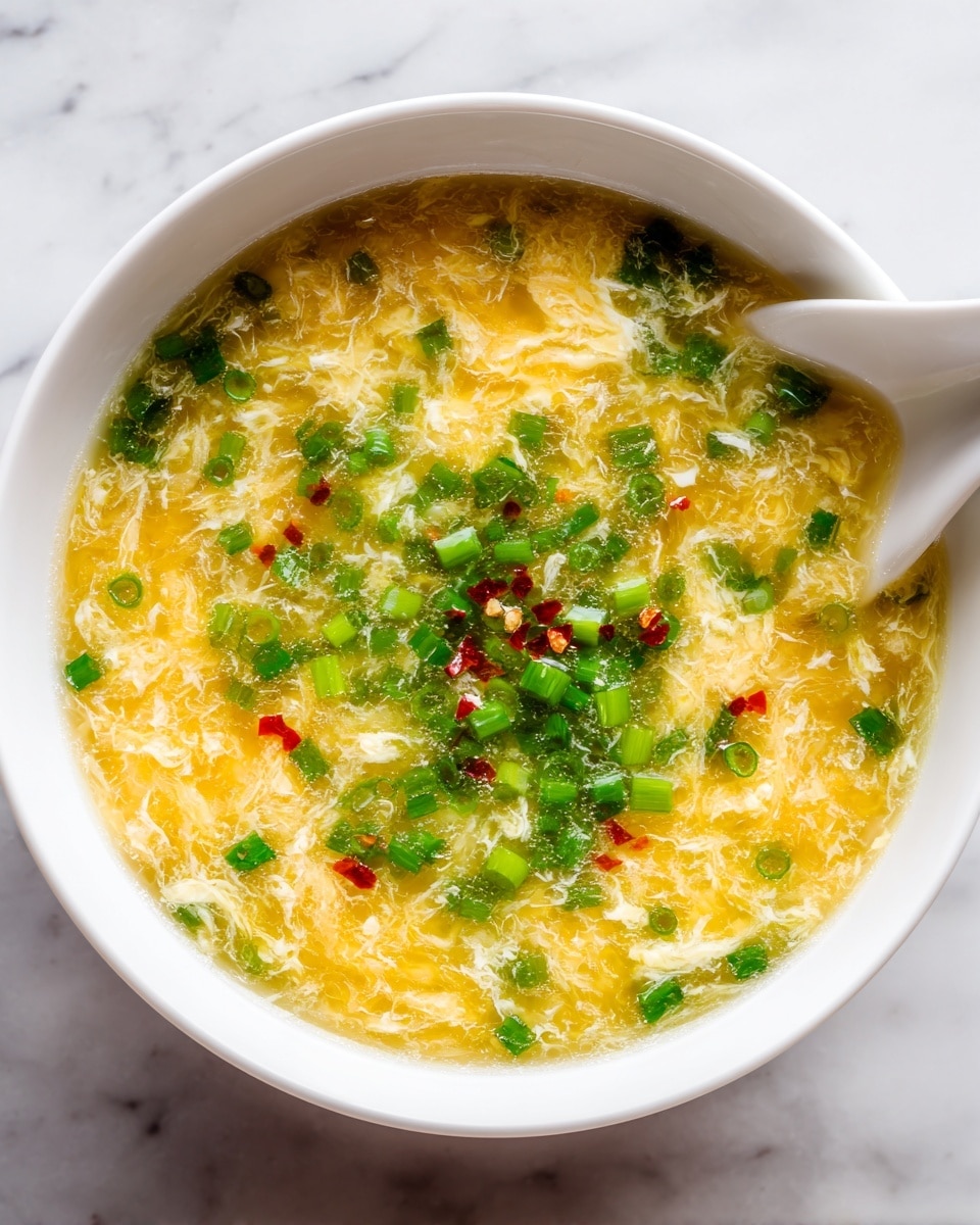 A close-up view of a white bowl filled with hot egg drop soup, showing a smooth orange-yellow broth with visible soft white swirls of cooked egg floating throughout. The top layer is sprinkled generously with bright green chopped scallions and small red chili flakes, adding contrasting colors and texture. The surface of the soup glistens with a light oily sheen, highlighting its warmth and freshness. The bowl sits on a white marbled texture background, enhancing the vibrant colors of the soup. photo taken with an iphone --ar 4:5 --v 7