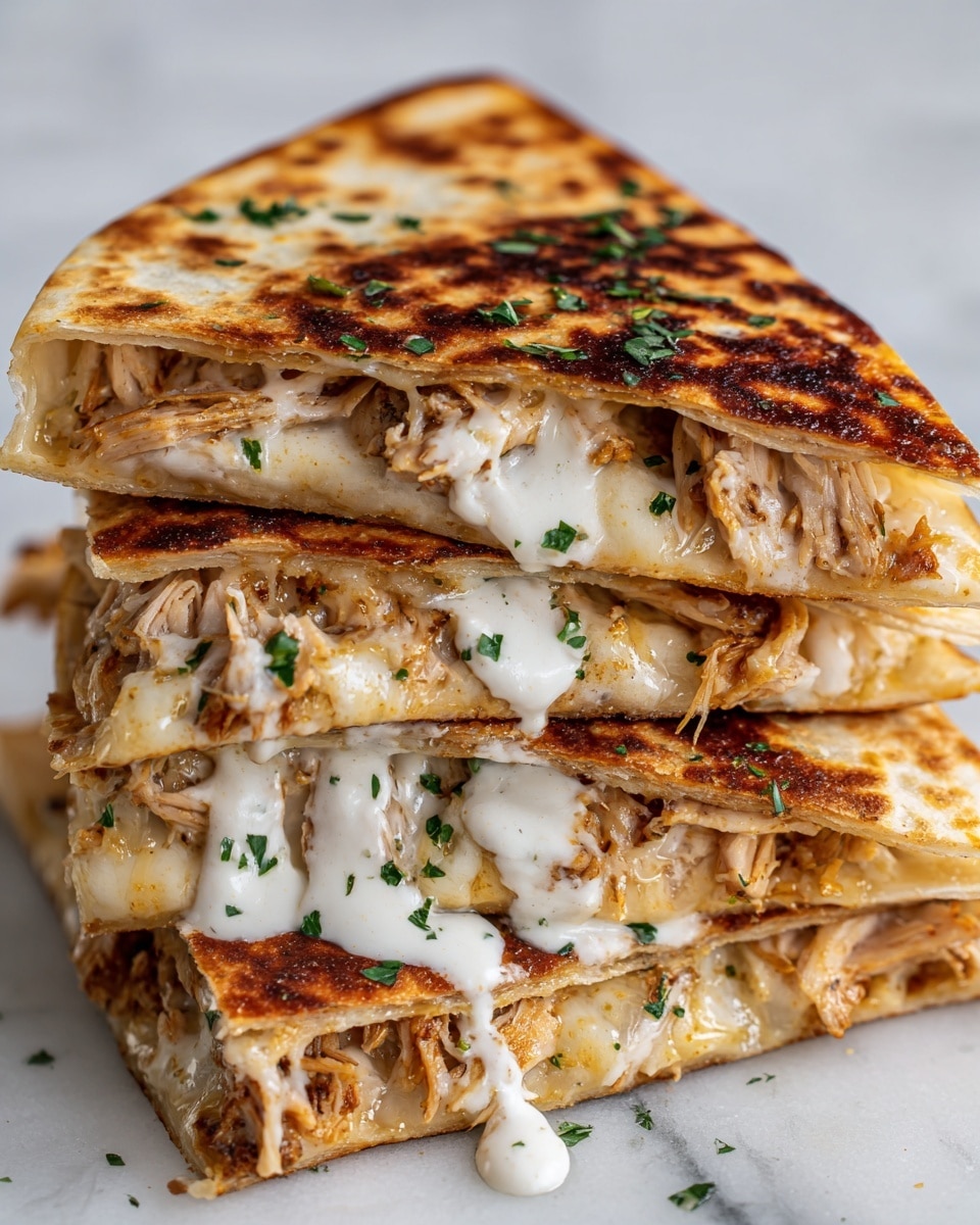 A close-up image of four stacked golden brown quesadilla triangles with a crispy, toasted exterior showing some darker grill marks. Between each layer, melted cheese mixed with shredded chicken is oozing out, along with a drizzle of white sauce topped with finely chopped green herbs. The layers create a rich, gooey texture that contrasts with the outside crunch. The dish is placed on a clean white marbled surface. Photo taken with an iphone --ar 4:5 --v 7
