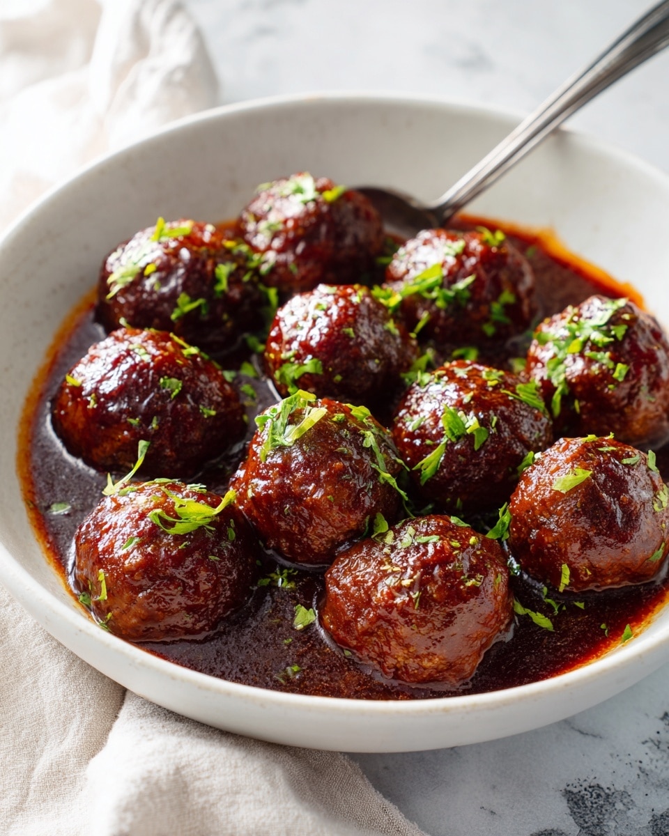 A white bowl filled with two layers of shiny, dark brown glazed meatballs, each meatball slightly textured and coated evenly with a sticky sauce. The meatballs are arranged close together, floating in a thick, glossy sauce of a deep reddish-brown color. Small pieces of fresh green herbs are scattered generously over the meatballs, adding a bright contrast. The edge of the bowl shows some sauce splattered, giving a fresh, just-served look. The bowl sits on a white marbled surface with a beige cloth partially visible on the side. photo taken with an iphone --ar 4:5 --v 7