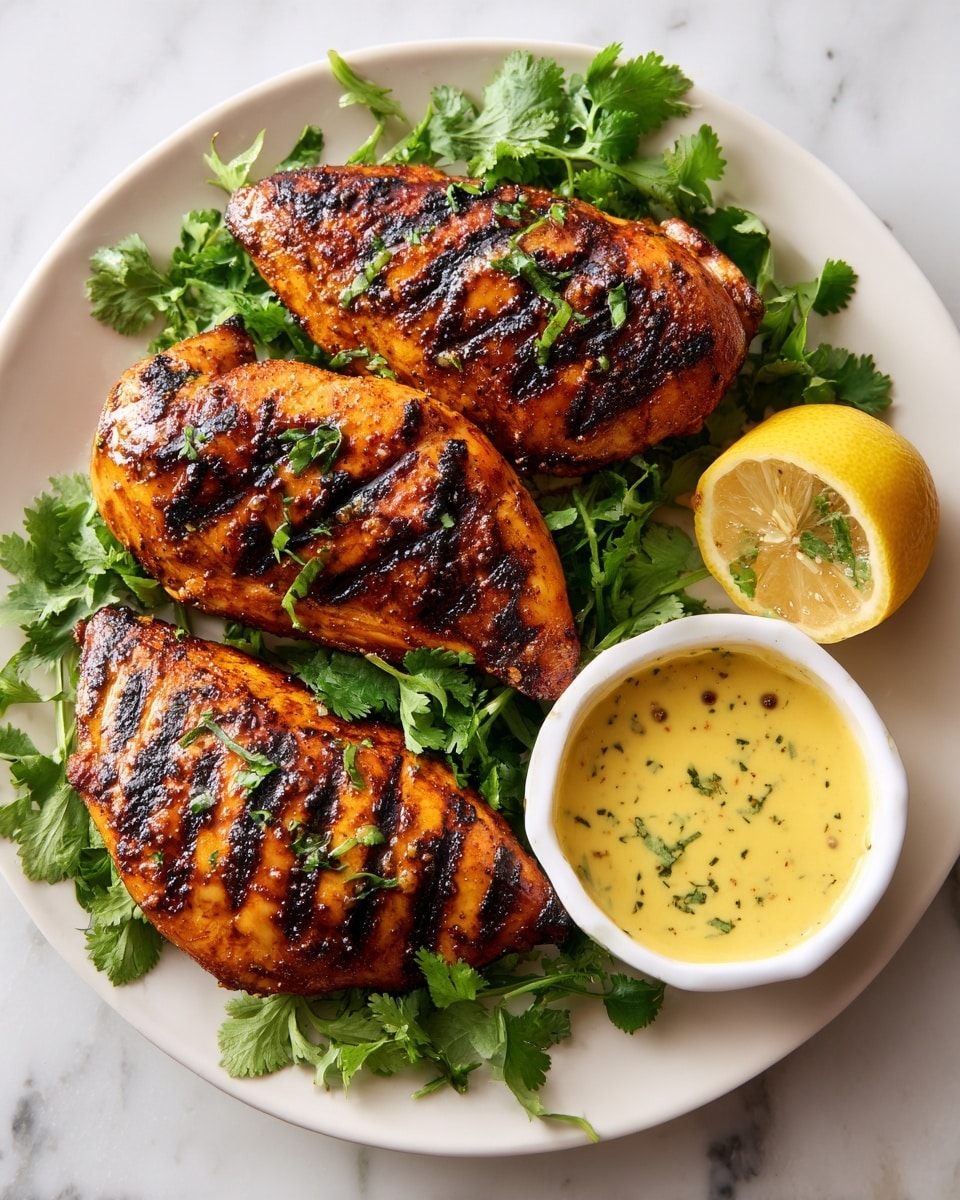 The image shows a white round plate with three grilled chicken breasts placed close together, each with dark, charred grill marks across the golden-brown surface. Underneath and around the chicken, there are bright green cilantro leaves spread out, adding a fresh contrast. On the right side of the plate, a small white bowl of creamy yellow sauce with green and red specks sits next to a halved lemon, which has a bit of seasoning and cilantro on top. The plate is set against a white marbled textured surface. photo taken with an iphone --ar 4:5 --v 7