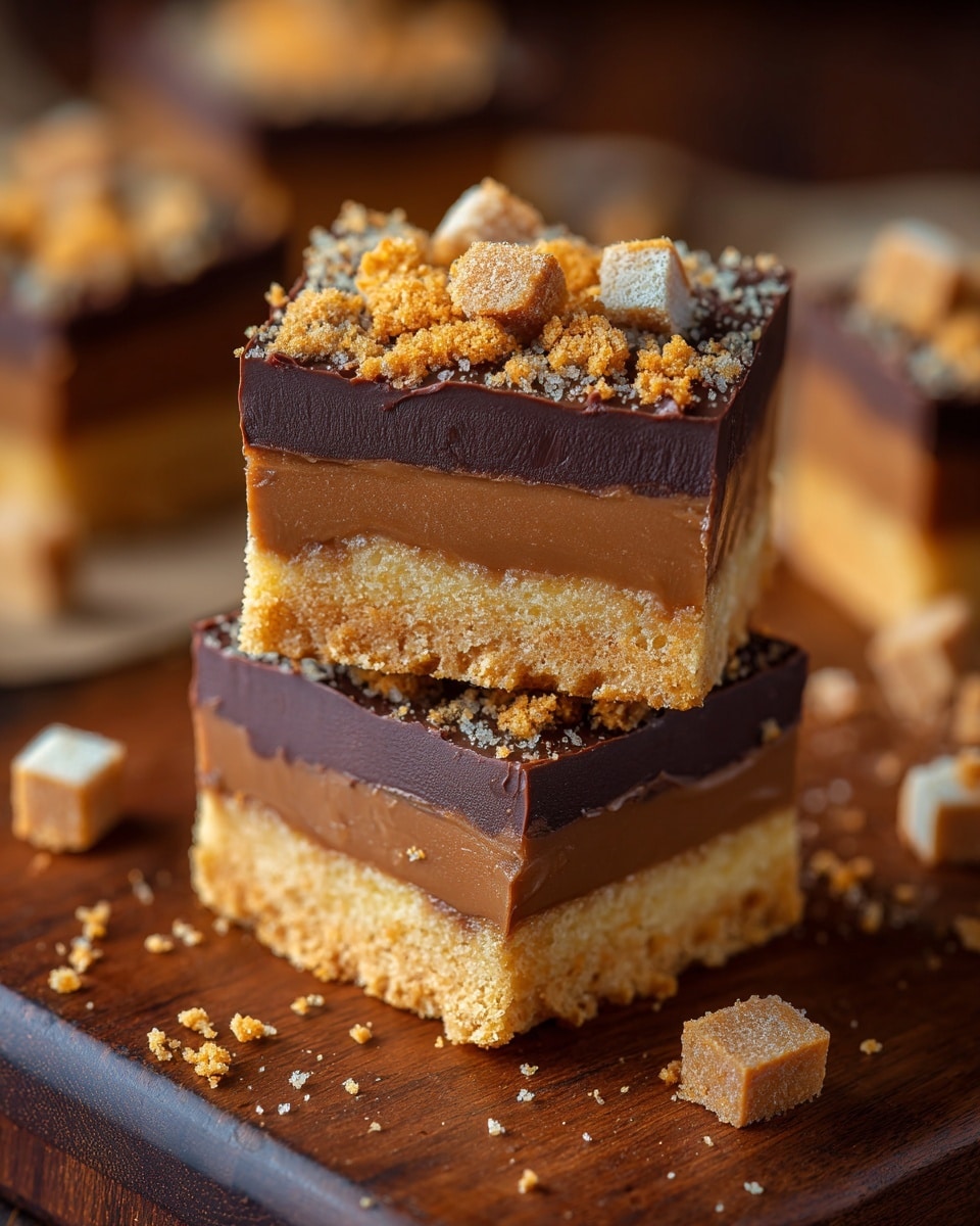 The image shows two stacked dessert bars with three clear layers: a thick, crumbly light brown base, a smooth rich milk chocolate layer in the middle, and a textured topping sprinkled with small, coarse brown sugar crystals and tiny pale caramel cubes on top. More pale caramel cubes are scattered around the bars on a white marbled texture, and the background is softly blurred to focus on the bars' detailed layers and smooth finishing. photo taken with an iphone --ar 4:5 --v 7
