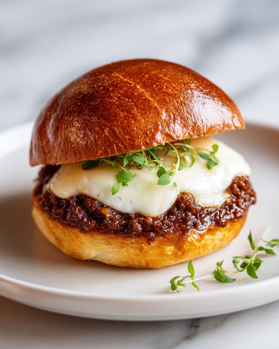 The image shows a close-up of a sandwich with a soft, shiny golden brown bun that is slightly domed and lightly toasted. Inside, there is a thick layer of dark reddish-brown meat sauce with visible chunky texture, spread evenly across the bottom bun. On top of the sauce sits a smooth, little melted white cheese that is partially covered by the top bun. Small green herb leaves are placed on and around the sandwich as decoration. The sandwich is set against a white marbled surface background. Photo taken with an iphone --ar 4:5 --v 7