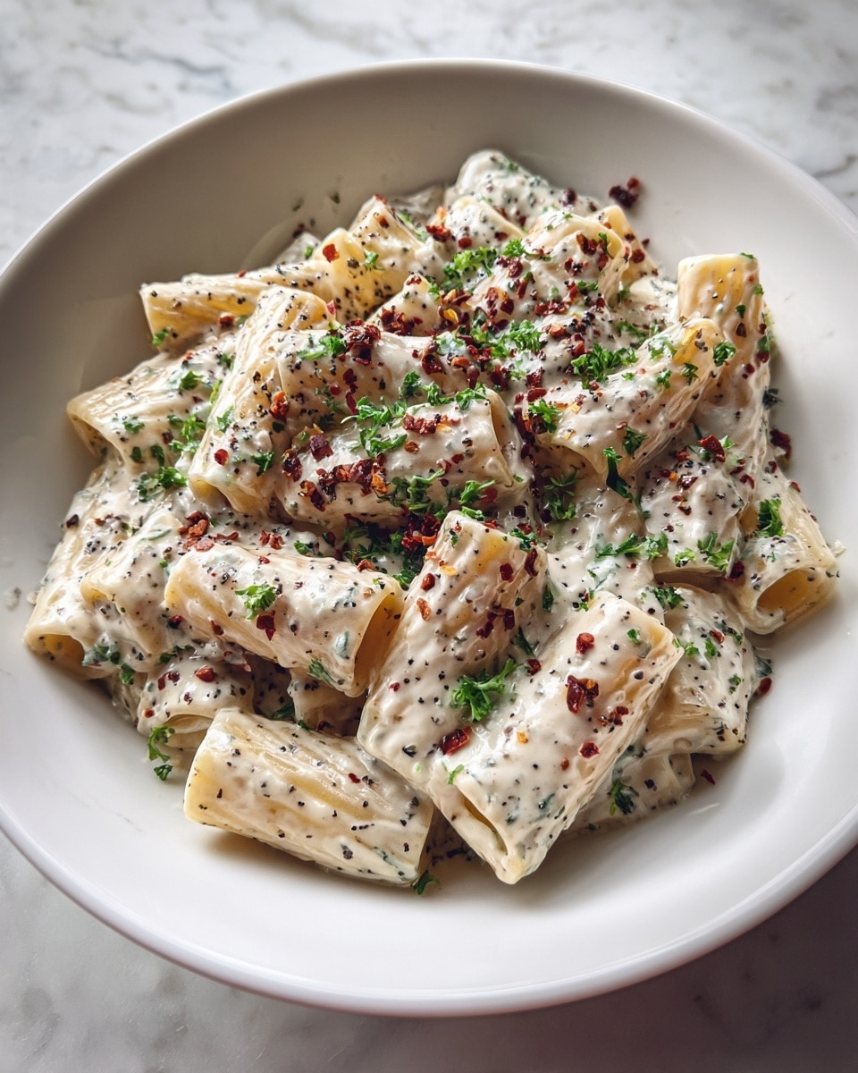 A white plate filled with rigatoni pasta covered in a creamy white sauce with specks of black pepper and small green herbs. The sauce looks thick and coats the pasta well, while red flakes and chopped green herbs are sprinkled on top for color contrast. The background is a white marbled surface with soft natural light highlighting the textures and colors. photo taken with an iphone --ar 4:5 --v 7