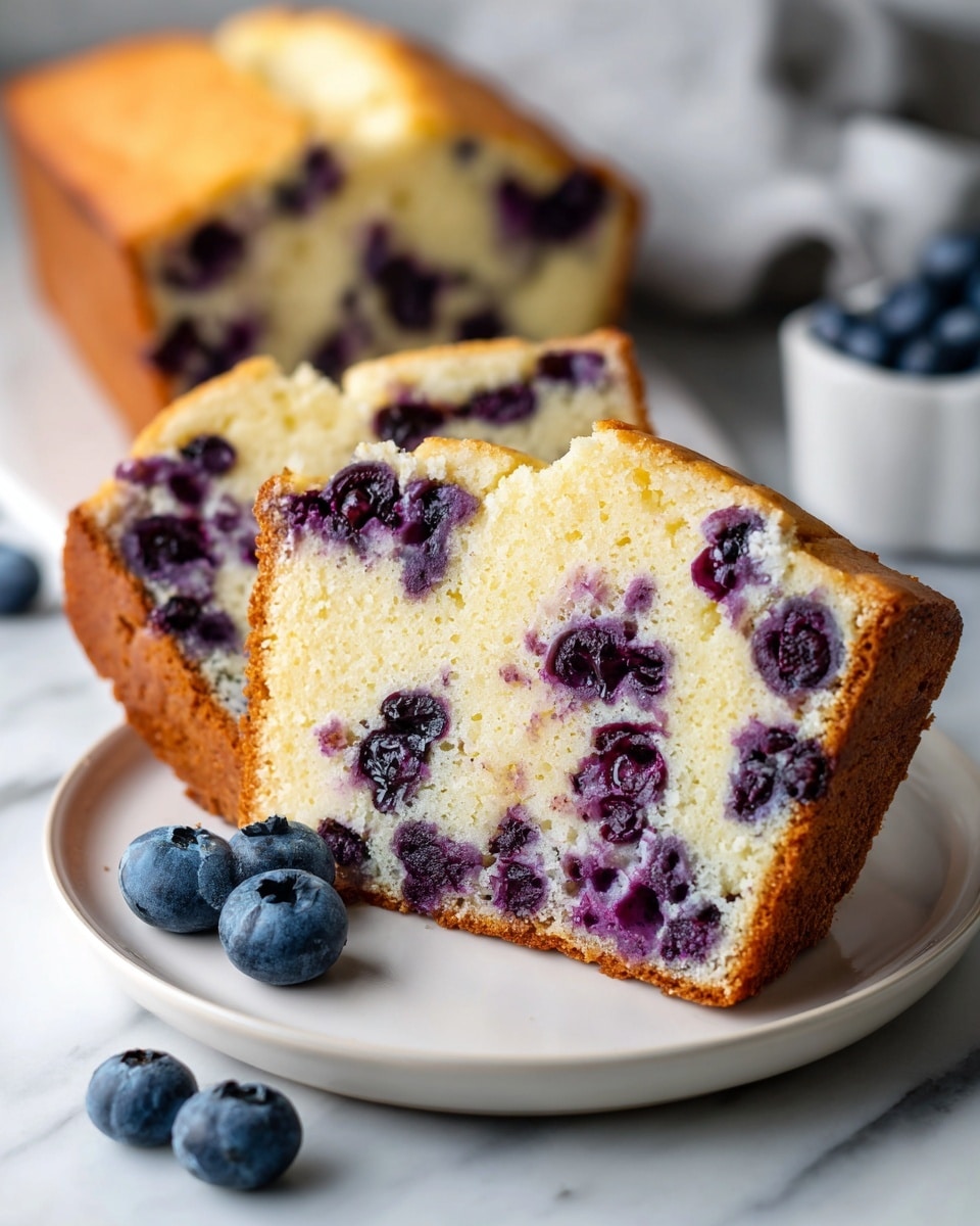 The image shows a loaf of blueberry bread placed on a white plate against a white marbled background. The bread has two thick layers: a golden-brown crust on top with a slightly rough texture and a soft, light yellow inside that is filled with many dark purple blueberries spread evenly throughout. One slice is cut and slightly pulled out in front of the loaf, showing the moist texture and juicy blueberries inside. Some fresh blueberries are scattered around the plate, adding a fresh touch to the presentation. photo taken with an iphone --ar 4:5 --v 7