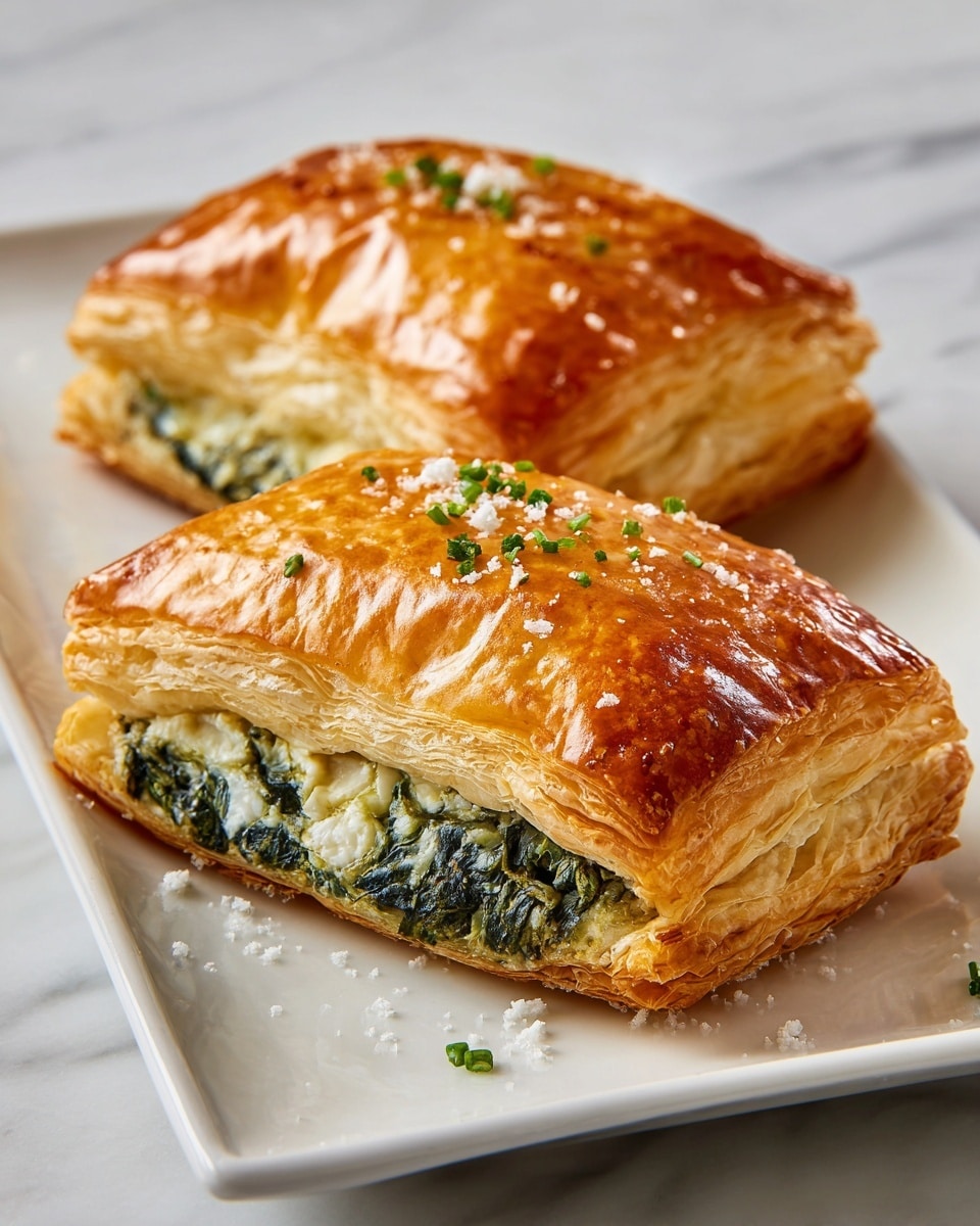 The image shows three rectangular pieces of golden-brown puff pastry filled with a green spinach and white cheese mixture. Each pastry has multiple visible flaky layers on the outside with a shiny, crisp surface and slight browning on top. The spinach and cheese filling is dense and creamy, shown in the cut pastry at the front. Small green herb pieces are sprinkled on top and around the white plate with rounded edges, which sits on a white marbled texture surface. photo taken with an iphone --ar 4:5 --v 7