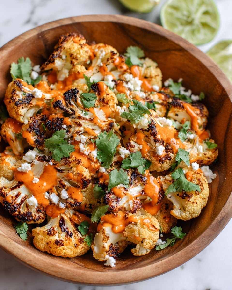 A wooden bowl filled with three main layers of roasted cauliflower florets, each floret showing golden brown charred spots and a slightly rough texture. The florets are dappled with bright red-orange sauce spread thinly over their tops, sprinkled with small, crumbly white cheese bits, and scattered green cilantro leaves adding a fresh pop of color. Around the bowl, light green lime halves are partially visible on the white marbled surface. The overall look is warm and rustic with vibrant contrasts of orange, white, and green on the browned cauliflower. Photo taken with an iphone --ar 4:5 --v 7