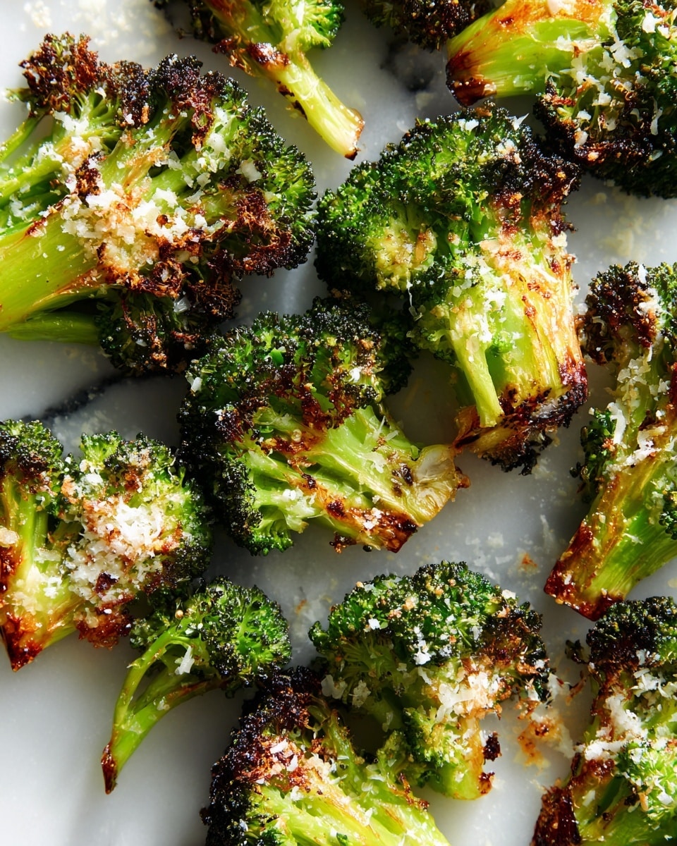 A close-up image of green broccoli florets cooked and topped with melted cheese and golden brown toasted bits, creating a slightly crispy texture on the edges. Each broccoli piece shows a mix of bright green stalks and darker, rich green buds. The cheese is sprinkled evenly, with some parts melted smoothly and others browned, adding a contrast of creamy and crunchy textures. The dish is presented on a white marbled surface, emphasizing the vibrant colors and textures of the broccoli and cheese. Photo taken with an iphone --ar 4:5 --v 7