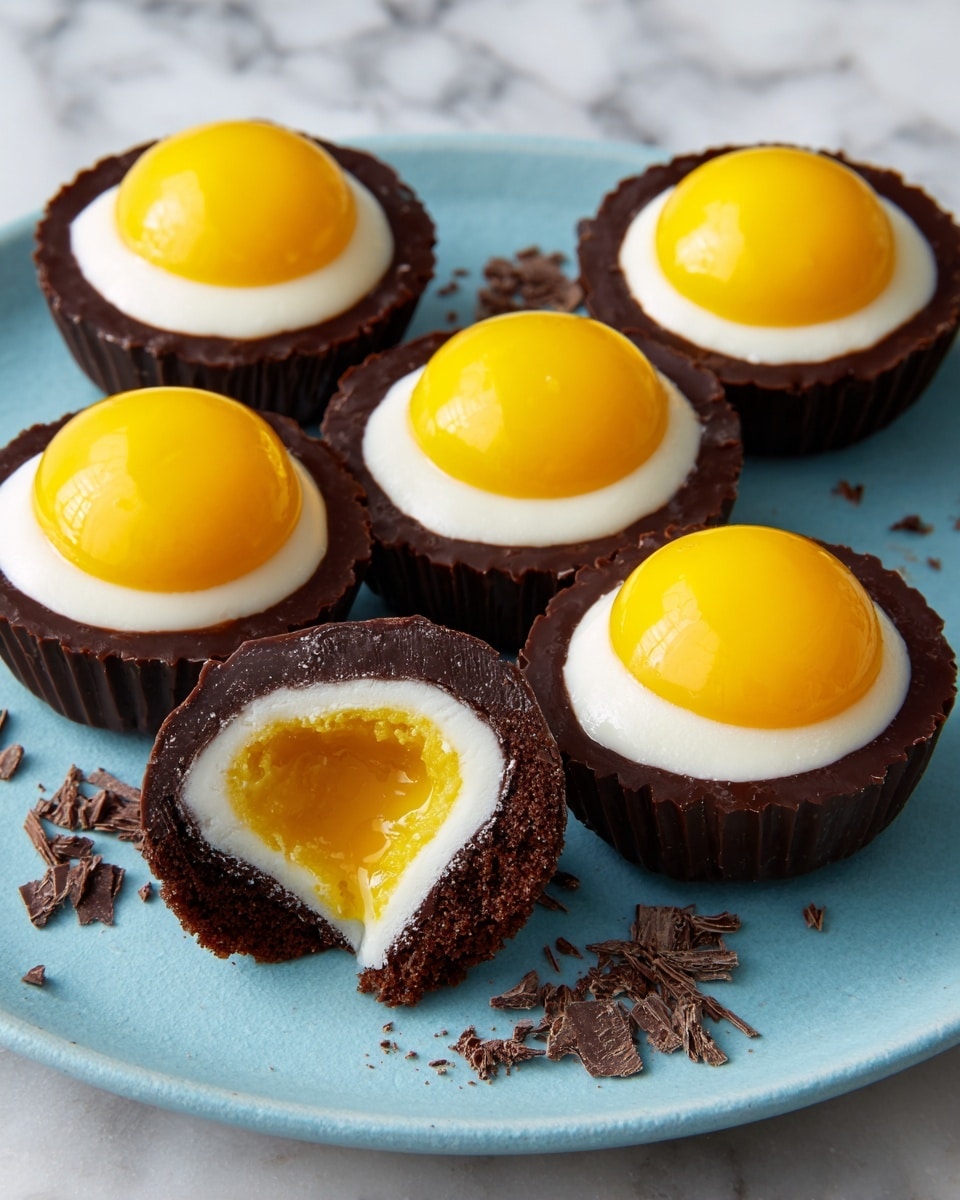 The image shows a plate with five round desserts shaped like fried eggs, each sitting inside a dark brown chocolate cup. Each dessert has three visible layers: the bottom is a smooth dark brown chocolate cup, the middle layer is a white creamy filling that looks soft and fluffy, and the top is a bright yellow glossy layer resembling an egg yolk. One dessert is cut in half and placed on top of another, clearly showing the yellow center inside the white cream. Some small chocolate shavings are scattered on the white part of the desserts, adding texture. The plate is white with a soft blue inner surface, and the background is a white marbled texture. Photo taken with an iphone --ar 4:5 --v 7