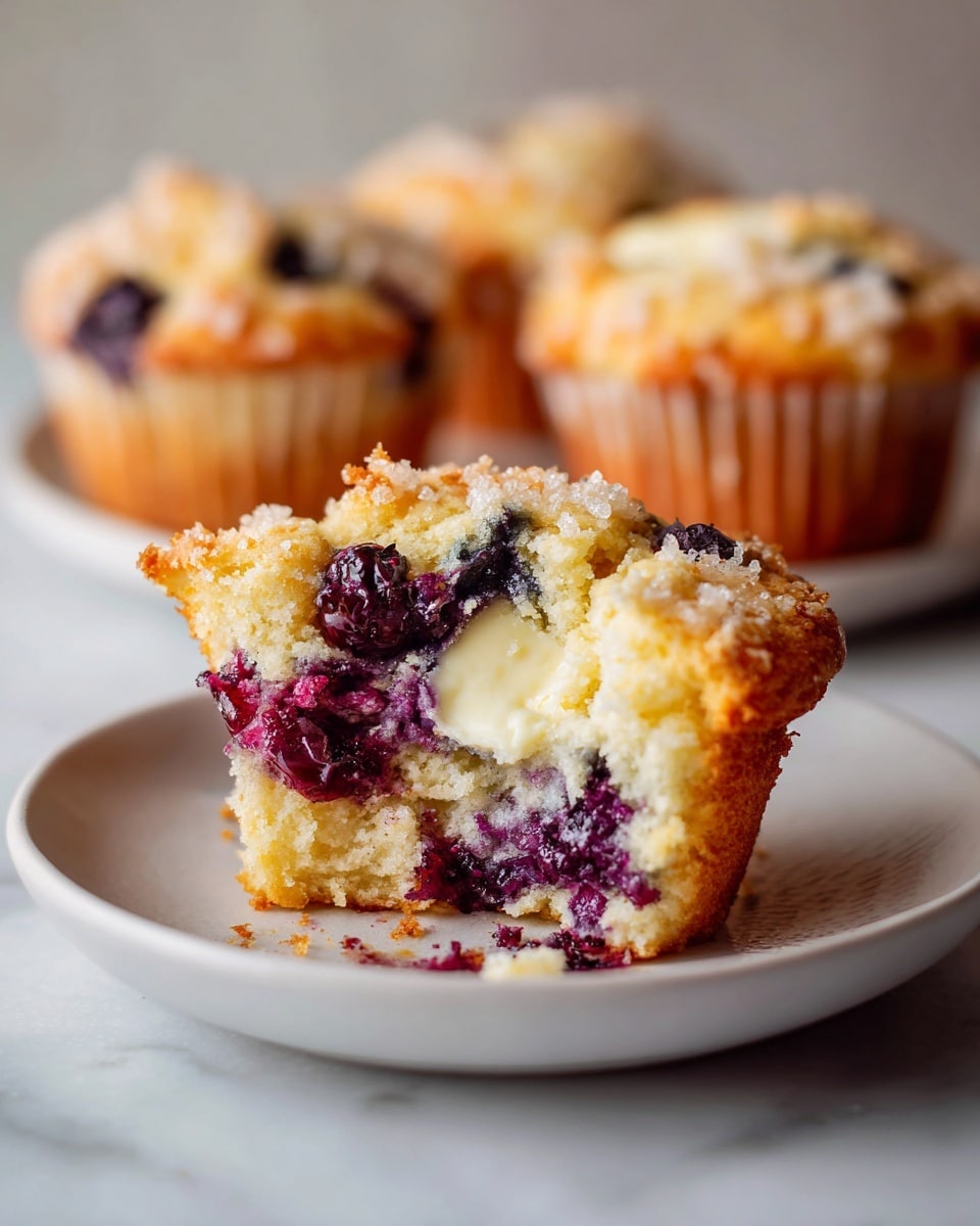A close-up view of a blueberry muffin with a bite taken out of its front showing three layers: the top crumb layer is light golden and crumbly with visible sugar crystals, the middle layer is soft, light yellow cake with scattered dark purple blueberries, and the center has a creamy white filling. The muffin sits on a white plate placed on a white marbled surface with two whole muffins blurred in the background. photo taken with an iphone --ar 4:5 --v 7