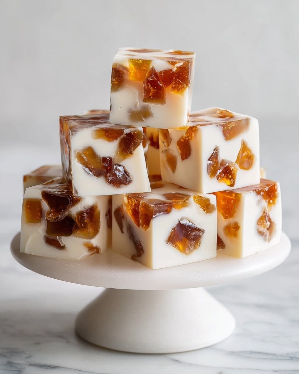 The image shows a stack of square jelly dessert pieces on a white cake stand with a ruffled edge. Each piece has a creamy white base with irregular dark brown translucent jelly chunks embedded inside, creating a mosaic pattern. The dessert blocks are piled neatly on top of each other, showing clear sharp edges and smooth surfaces. The background has a white marbled texture. The whole scene looks fresh and clean. photo taken with an iphone --ar 4:5 --v 7