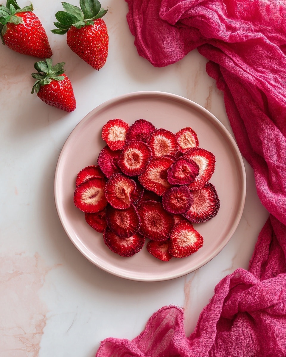 The image shows a single layer of thinly sliced dried strawberries arranged loosely on a smooth, light pink plate placed on a white marbled surface. The dried strawberry slices vary in shades of red, from bright to dark, with visible seed textures and slightly curled edges. Surrounding the plate are fresh whole strawberries with green leaves and a crumpled bright pink cloth, adding pops of vibrant red and pink to the scene. The overall setting is simple but colorful, with a clear focus on the strawberry slices in the middle. photo taken with an iphone --ar 4:5 --v 7