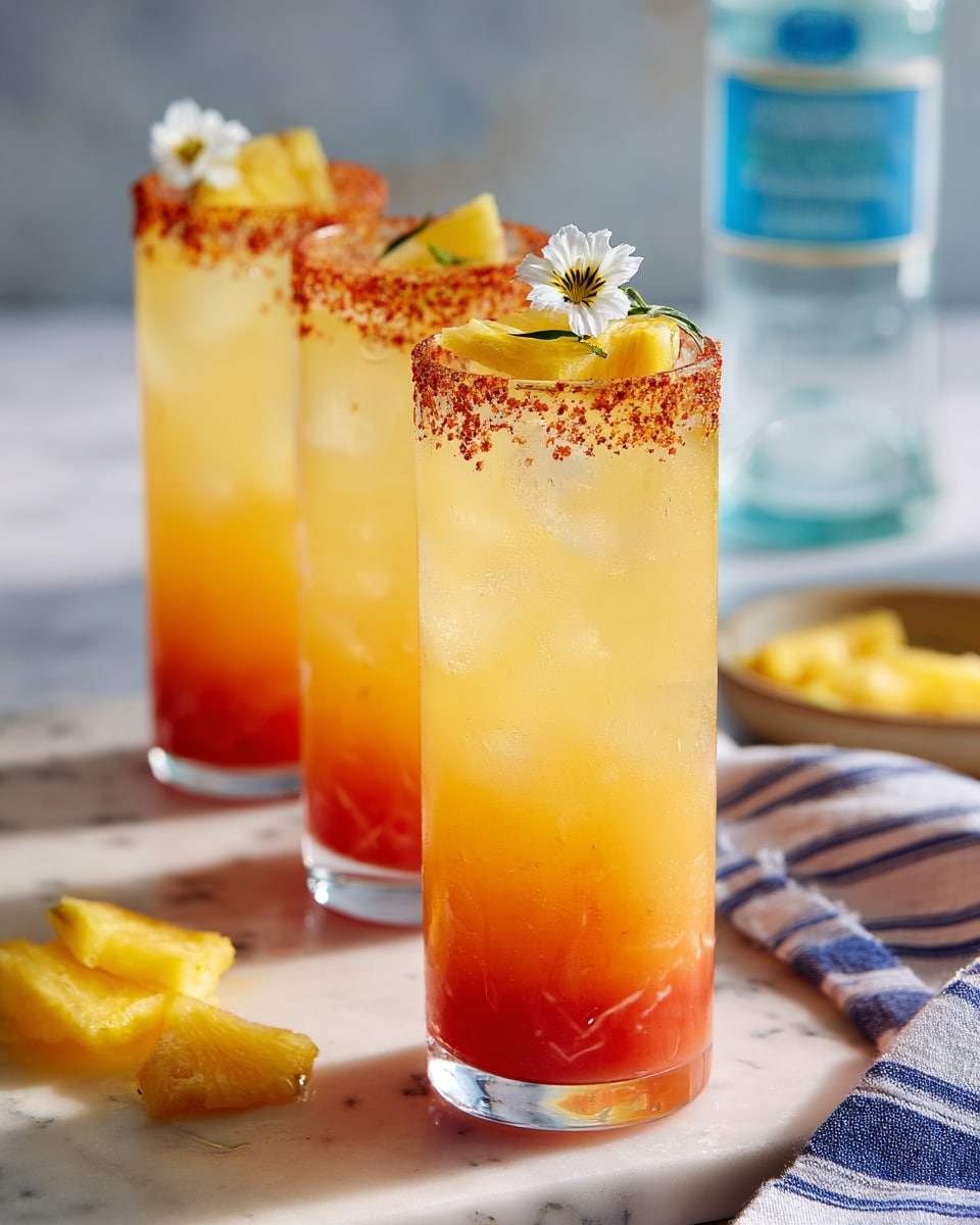 The image shows three tall, clear glasses filled with an orange drink mixed with red swirls, creating a layered effect where the red colors are more intense at the bottom and fade upward. Each glass has a rim coated with a reddish seasoning, and a small yellowish fruit peel is placed on the rim with a small white flower on top. The glasses are placed on a white marbled surface, with a blue and white striped cloth nearby, partially covered by yellow fruit slices. In the background, there is a blurred clear bottle with a blue label. Photo taken with an iphone --ar 4:5 --v 7