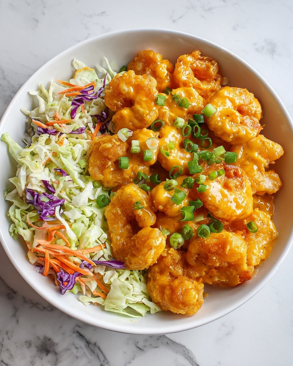 The dish shows a white bowl filled with two main layers. The bottom layer is a fresh coleslaw made of shredded cabbage with white, green, and purple tones mixed with thin carrot slices, creating a crunchy and colorful base. On top, there is a thick layer of golden-orange battered shrimp coated in a smooth, glossy sauce, with small pieces of chopped green onions scattered as garnish. The bowl sits on a white marbled surface. Photo taken with an iphone --ar 4:5 --v 7
