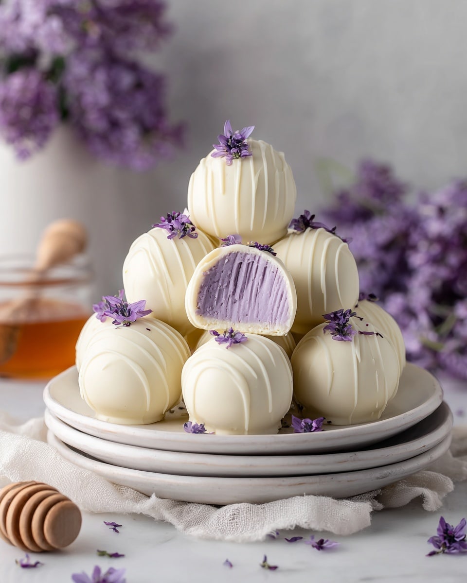 A stack of round white chocolate-covered balls is arranged on two white plates, placed one on top of the other. One ball on top has a bite taken out, revealing a smooth, ridged light purple center inside. Small purple flower petals are scattered on the balls and the plates. The plates sit on a white gauzy cloth, and the background shows a white marbled texture with blurred purple flowers and a white ribbed container. A honey dipper is partially visible to the right. Photo taken with an iphone --ar 4:5 --v 7