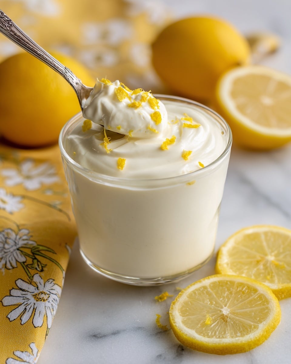 Two clear glass cups filled with a smooth, creamy white dessert topped with small yellow lemon zest pieces. One cup is closer to the front with a silver spoon lifting a soft scoop of the white cream, showing a light, fluffy texture. Nearby, there are thin slices of fresh yellow lemon on a white marbled surface, and in the background, a bright yellow cloth with white patterns adds a warm contrast. The overall look is fresh and light with soft natural lighting. photo taken with an iphone --ar 4:5 --v 7