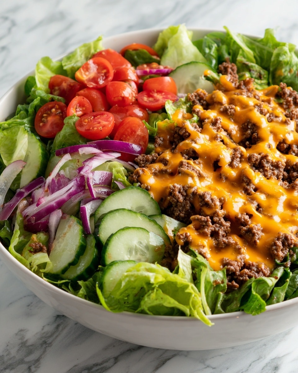 A white bowl filled with a fresh salad featuring three main layers: the bottom layer is bright green leafy lettuce providing a crisp base, the middle layer has halved red cherry tomatoes and small pieces of dark green cucumber mixed with thin slices of purple onion, and the top layer is a generous scoop of browned ground beef covered in melted light orange cheese sauce that glistens under the light, all set on a white marbled texture surface. photo taken with an iphone --ar 4:5 --v 7