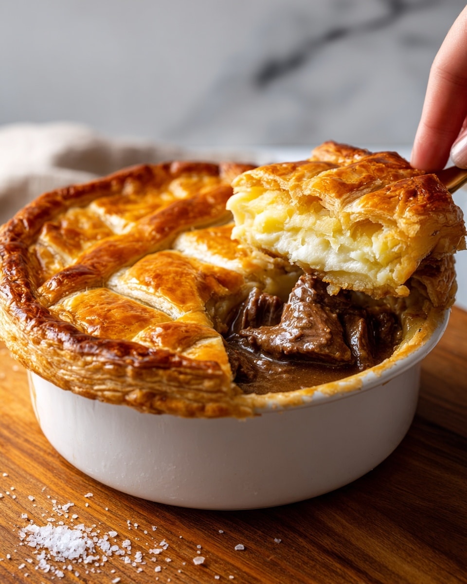 A round white bowl holds a meat pie with a golden brown crust that looks flaky and shiny on top. The crust is thick with a lattice pattern, broken open to show dark brown, chunky beef filling mixed with small bits of green herbs inside. The pie rests on a wooden surface with coarse salt scattered nearby and some green herb sprigs to the side. The photo taken with an iphone --ar 4:5 --v 7