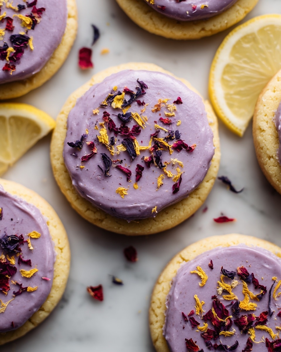 The image shows several round cookies with a light golden-brown base that looks soft and slightly thick. Each cookie is topped with a thick layer of light purple frosting, swirled smoothly and evenly over the surface. On top of the frosting, there are small, colorful sprinkles in shades of dark purple, yellow, and red, adding texture and color contrast. The cookies are placed on a white marbled surface, with a few bright yellow lemon slices arranged around them, enhancing the fresh and vibrant feel of the composition. photo taken with an iphone --ar 4:5 --v 7