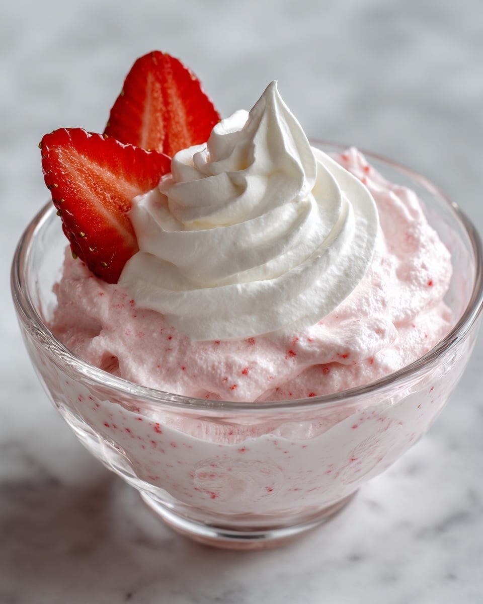 A clear glass bowl filled with a fluffy, light pink strawberry mousse with visible tiny red strawberry bits mixed throughout, topped with a generous swirl of smooth white whipped cream, and garnished with two thin, bright red strawberry slices standing upright on one side. The bowl sits on a white marbled surface. photo taken with an iphone --ar 4:5 --v 7