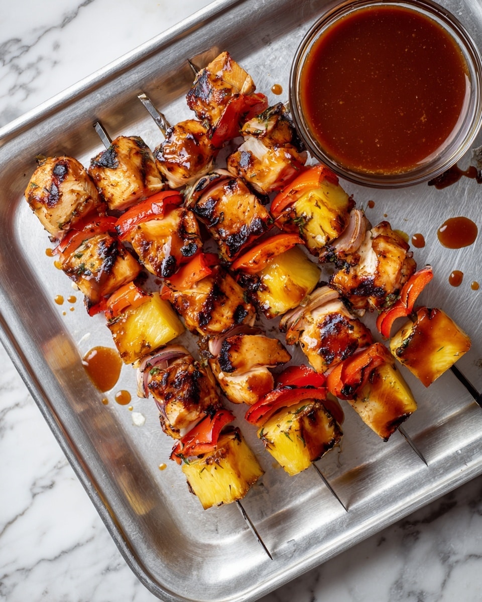 Four skewers of grilled chicken and vegetables rest on a silver metal tray with a clear glass bowl of thick reddish-brown sauce at the top right. Each skewer has layers of golden-brown grilled chicken pieces, bright orange-red bell pepper slices, and yellow pineapple chunks, all glazed with a shiny sticky sauce and showing small charred edges. The chicken pieces are chunky and juicy, interspersed with slightly caramelized fruit and vegetables, giving a mix of smooth and textured surfaces. The tray has scattered drops of sauce and grill marks. The background is a white marbled texture. Photo taken with an iphone --ar 4:5 --v 7