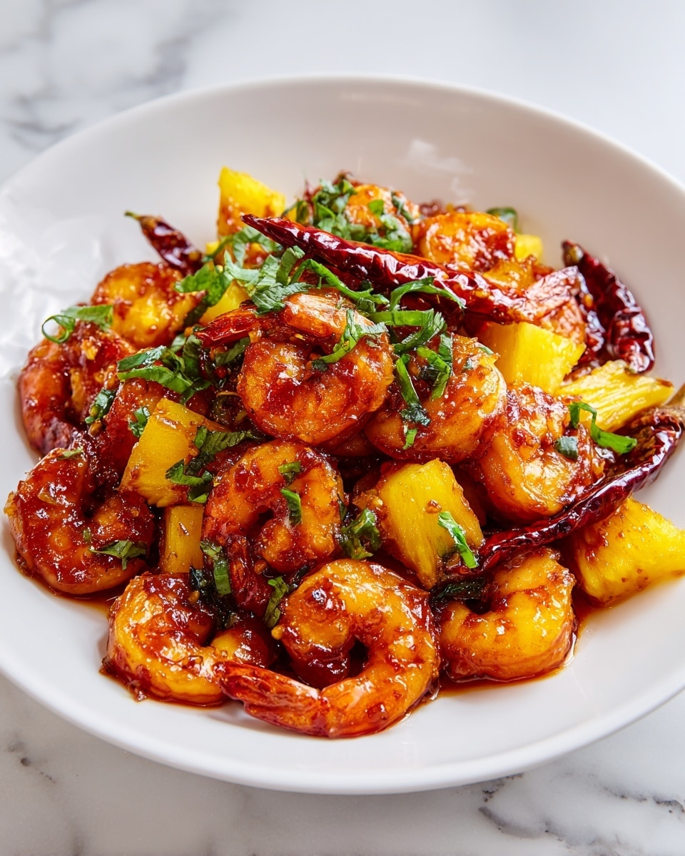 A close-up view of a dish showing cooked shrimp with a shiny, reddish-brown sauce mixed with golden yellow pineapple chunks scattered on top and around. Bright green cilantro leaves add color on top of the shrimp and pineapple, while a few dried red chili peppers are visible, adding contrast. The food sits in a white plate with a thin darker rim. The background has a white marbled texture. photo taken with an iphone --ar 4:5 --v 7