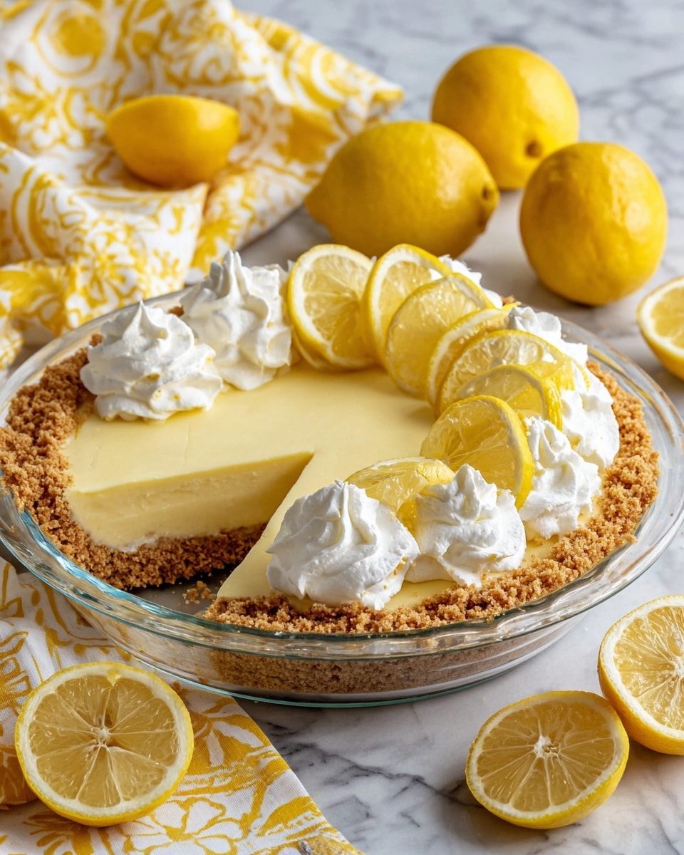 The image shows a lemon cream pie in a clear glass pie dish on a white marbled surface. The pie has three distinct layers: a crumbly, light brown crust forming the base and edges; a smooth, pale yellow lemon filling in the middle layer; and a topping of fluffy white whipped cream arranged in dollops on one side of the pie. Thin, round slices of bright yellow lemon are placed on top of the whipped cream, adding a fresh, zesty look. There are whole and halved fresh lemons around the pie, plus a yellow cloth with white patterns in the background. Photo taken with an iphone --ar 4:5 --v 7