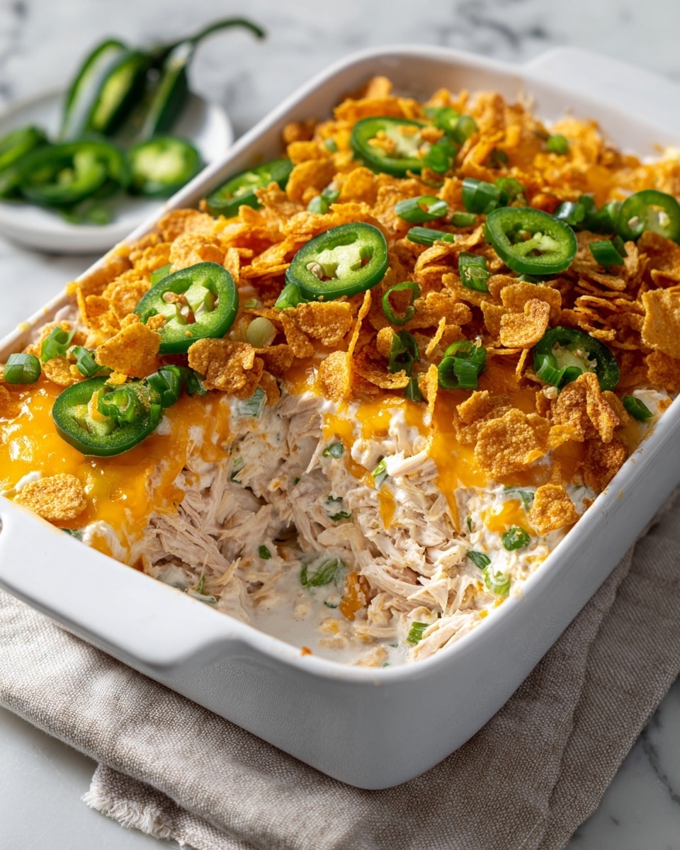 A white rectangular casserole dish holds a creamy baked casserole with visible layers: the bottom layer is a smooth, white creamy mixture with chopped green onions, the middle layer shows tender shredded chicken mixed in the creamy sauce, and the top layer is covered with melted bright orange cheddar cheese and crunchy golden cornflakes. The casserole is garnished with sliced green jalapeños and chopped green onions, adding fresh color contrast. The dish is placed on a beige cloth over a white marbled textured surface. A portion of the casserole is scooped out, revealing the inside layers clearly. Photo taken with an iphone --ar 4:5 --v 7
