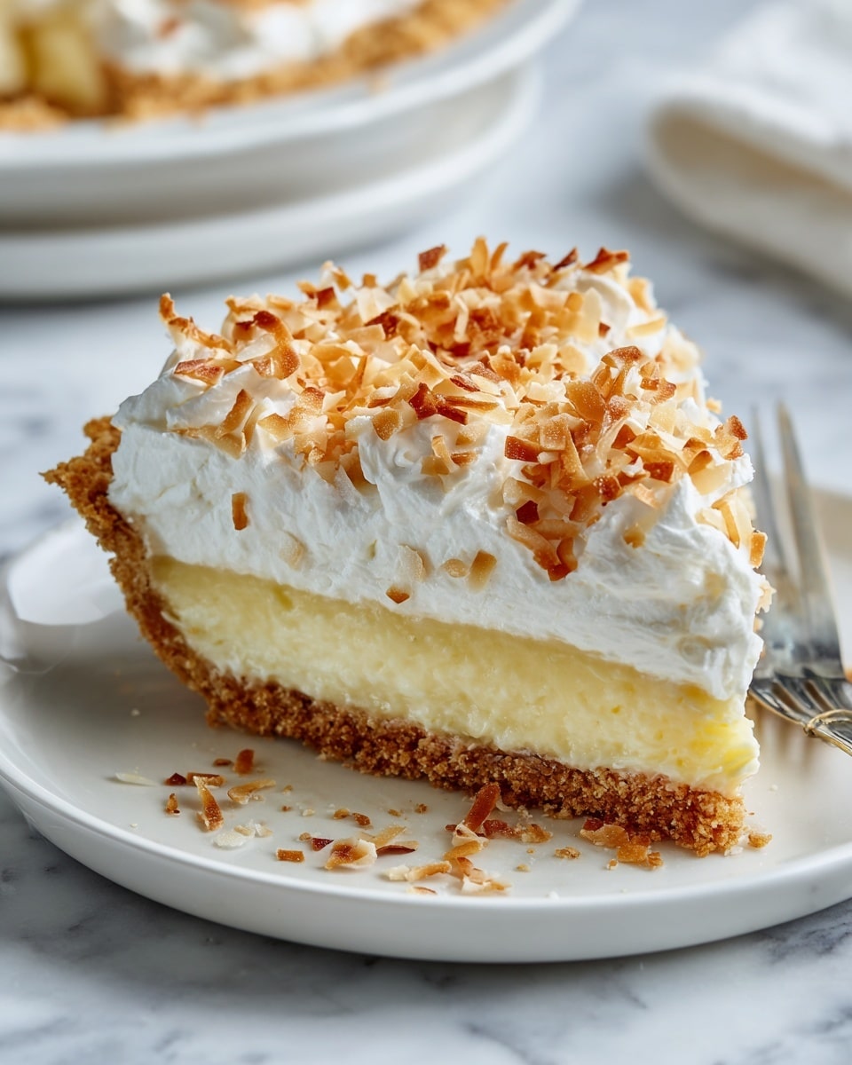 A close-up view of a slice of pie with three layers on a white plate, placed on a white marbled surface. The bottom layer is a crumbly, golden-brown crust. Above that is a thick, creamy pale yellow filling with a smooth texture. The top layer consists of fluffy white whipped cream covered with toasted, light brown coconut flakes, some scattered around the plate. A silver fork lies next to the pie slice. Photo taken with an iphone --ar 4:5 --v 7