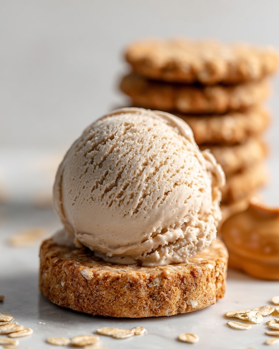 A single round oatmeal cookie with a rough, crumbly light brown texture sits at the center of the image, topped with a scoop of creamy beige ice cream that has small bits mixed in, creating a slightly speckled look. Behind the cookie and ice cream, there is a tall stack of similar oatmeal cookies, all with the same color and texture. To the right, there is a dollop of peanut butter with a smooth, glossy surface. The entire scene is set on a white marbled surface. photo taken with an iphone --ar 4:5 --v 7