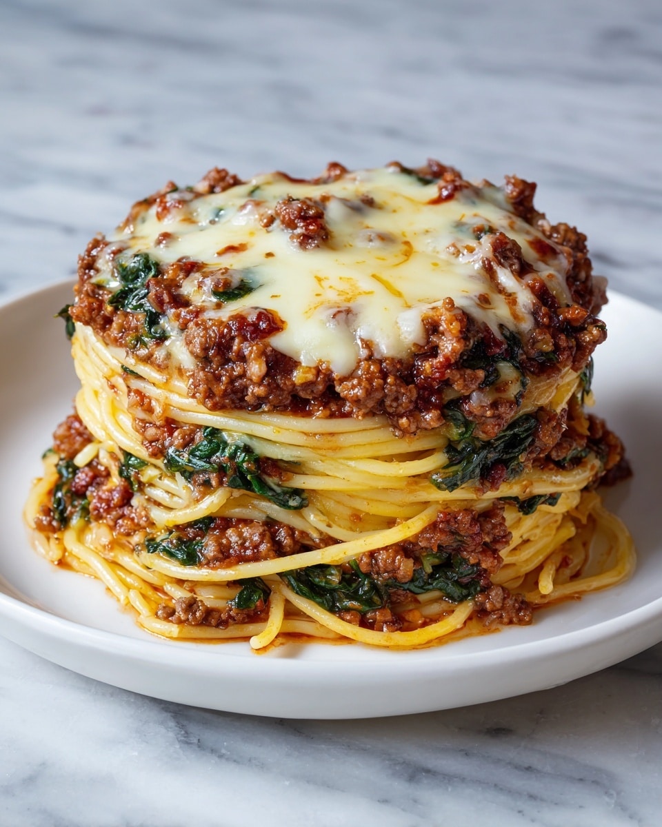 A tall, round stack of spaghetti layered with ground meat sauce and cooked spinach is placed on a white plate. The spaghetti is golden yellow, with the meat sauce being dark brown and chunky, covering the middle and top layers. Melted cheese with a creamy white color and slightly browned spots covers the top, with bits of meat and spinach peeking through. The plate rests on a white marbled surface. photo taken with an iphone --ar 4:5 --v 7