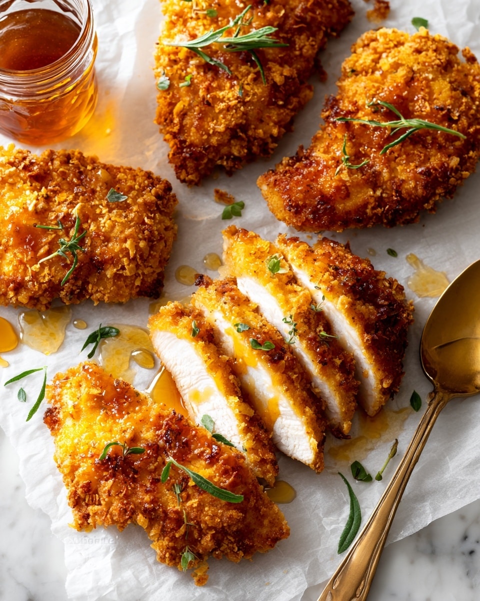 The image shows several pieces of crispy fried chicken with a golden-brown crunchy coating, laid out on white parchment paper. One piece is cut into thick strips revealing the tender, white inside meat. The chicken is shiny with a drizzle of honey or syrup that adds a glossy look and small green herb leaves are scattered on top for decoration. Beside the chicken pieces is a golden spoon with some syrup, and a glass jar filled with the same syrup nearby on a white marbled surface. photo taken with an iphone --ar 4:5 --v 7