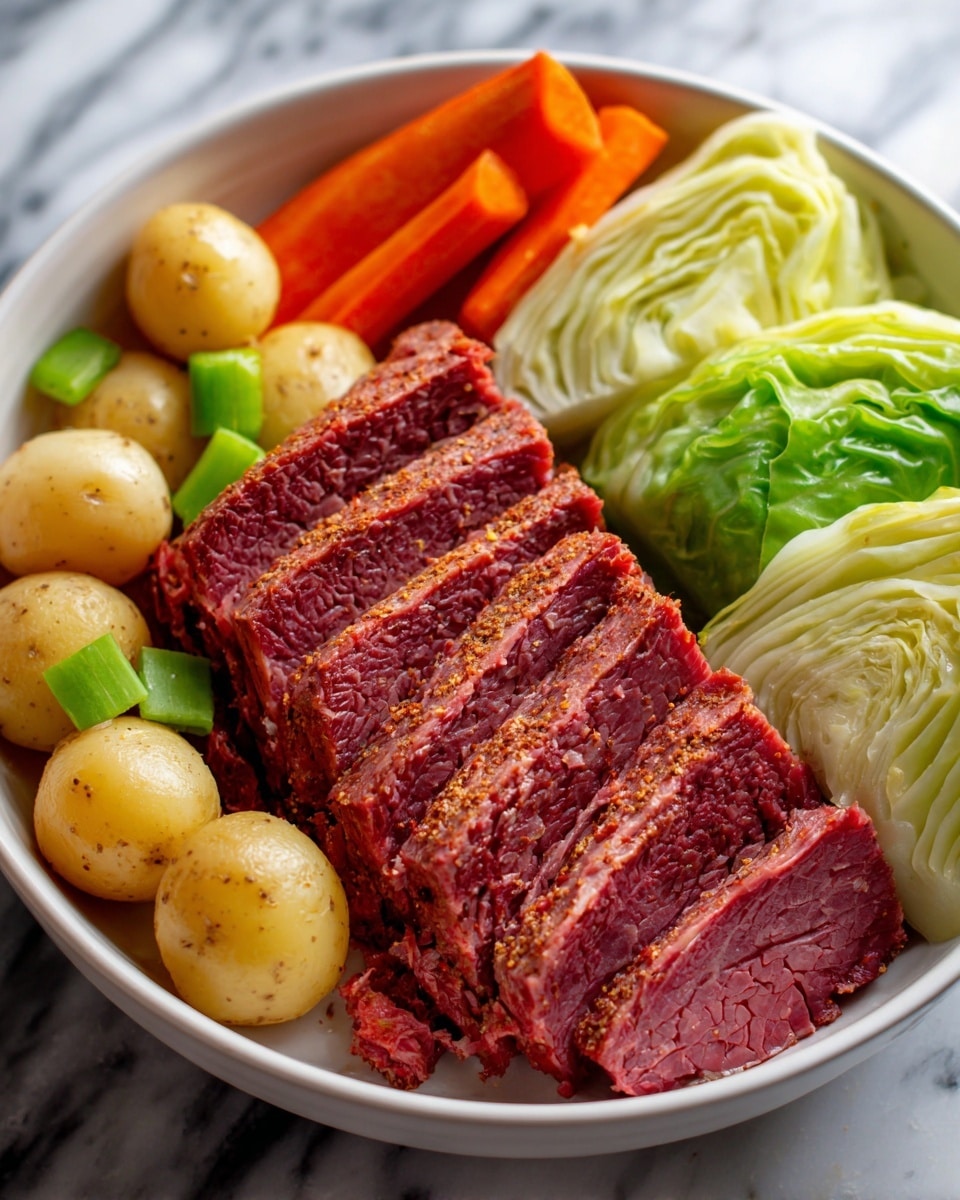 A white bowl filled with layers of food, starting with a large pile of shredded corned beef in the center, showing fibrous, moist red meat with specks of herbs. On one side, there are soft, pale green cooked cabbage leaves with a slight shine and wrinkled texture. On the opposite side, there are cooked carrot slices and baby carrots with a bright orange color. Below the carrots, there are small round golden potatoes with a smooth, tender-looking surface. The bowl sits on a white marbled textured surface. photo taken with an iphone --ar 4:5 --v 7